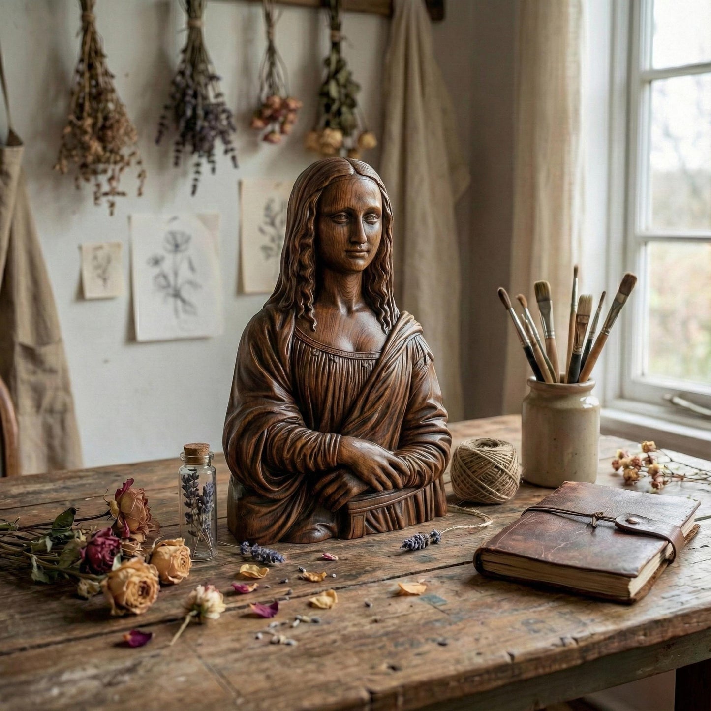 Elegant 3D sculpture of the Mona Lisa bust rendered in high-resolution resin and carved wood finishes, ideal for premium CNC carving or high-detail 3D printing. Classic Renaissance pose with flowing hair and detailed drapery, perfect for art collectors and luxury home decor creators.