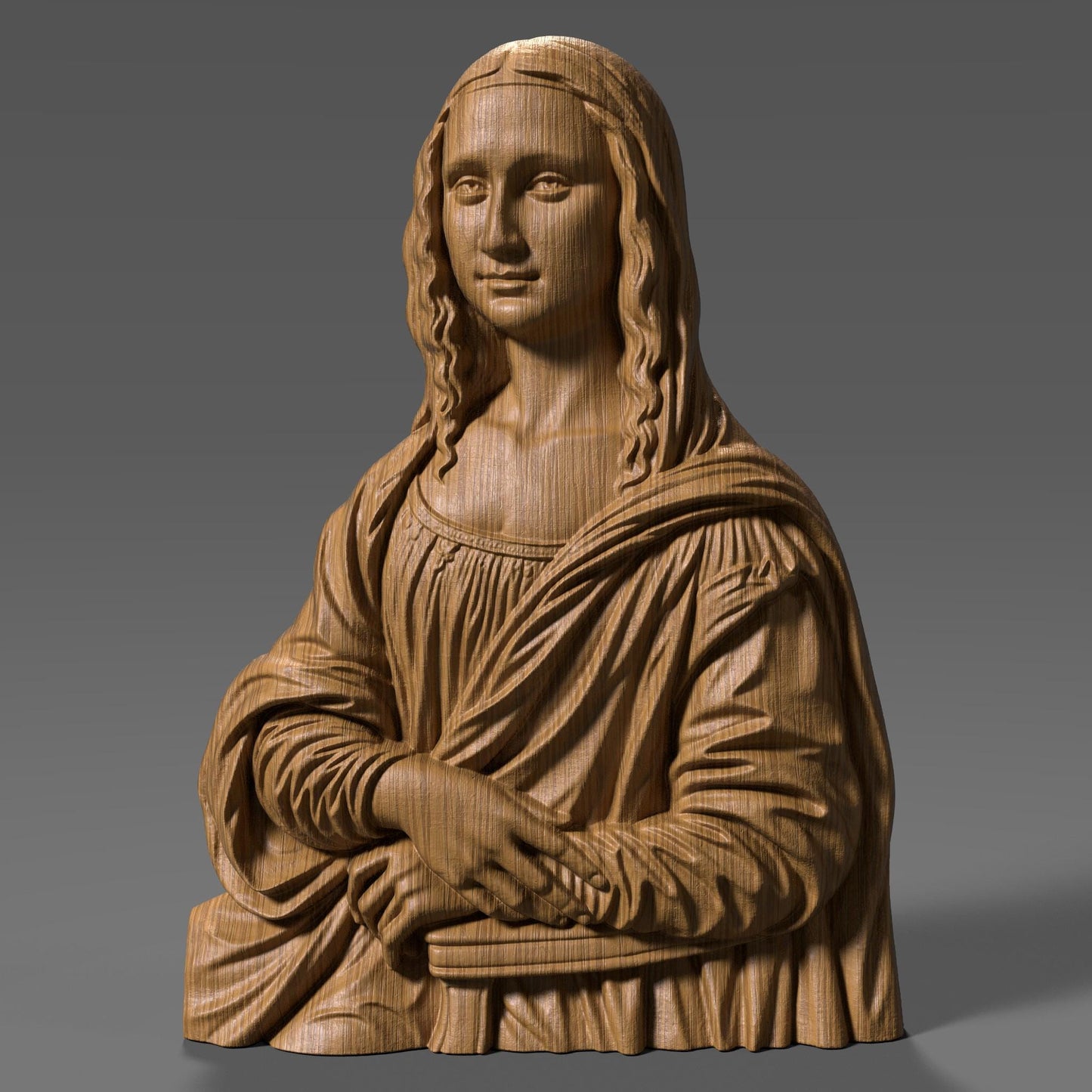 Elegant 3D sculpture of the Mona Lisa bust rendered in high-resolution resin and carved wood finishes, ideal for premium CNC carving or high-detail 3D printing. Classic Renaissance pose with flowing hair and detailed drapery, perfect for art collectors and luxury home decor creators.