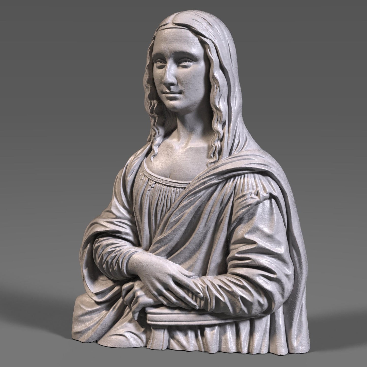 Elegant 3D sculpture of the Mona Lisa bust rendered in high-resolution resin and carved wood finishes, ideal for premium CNC carving or high-detail 3D printing. Classic Renaissance pose with flowing hair and detailed drapery, perfect for art collectors and luxury home decor creators.