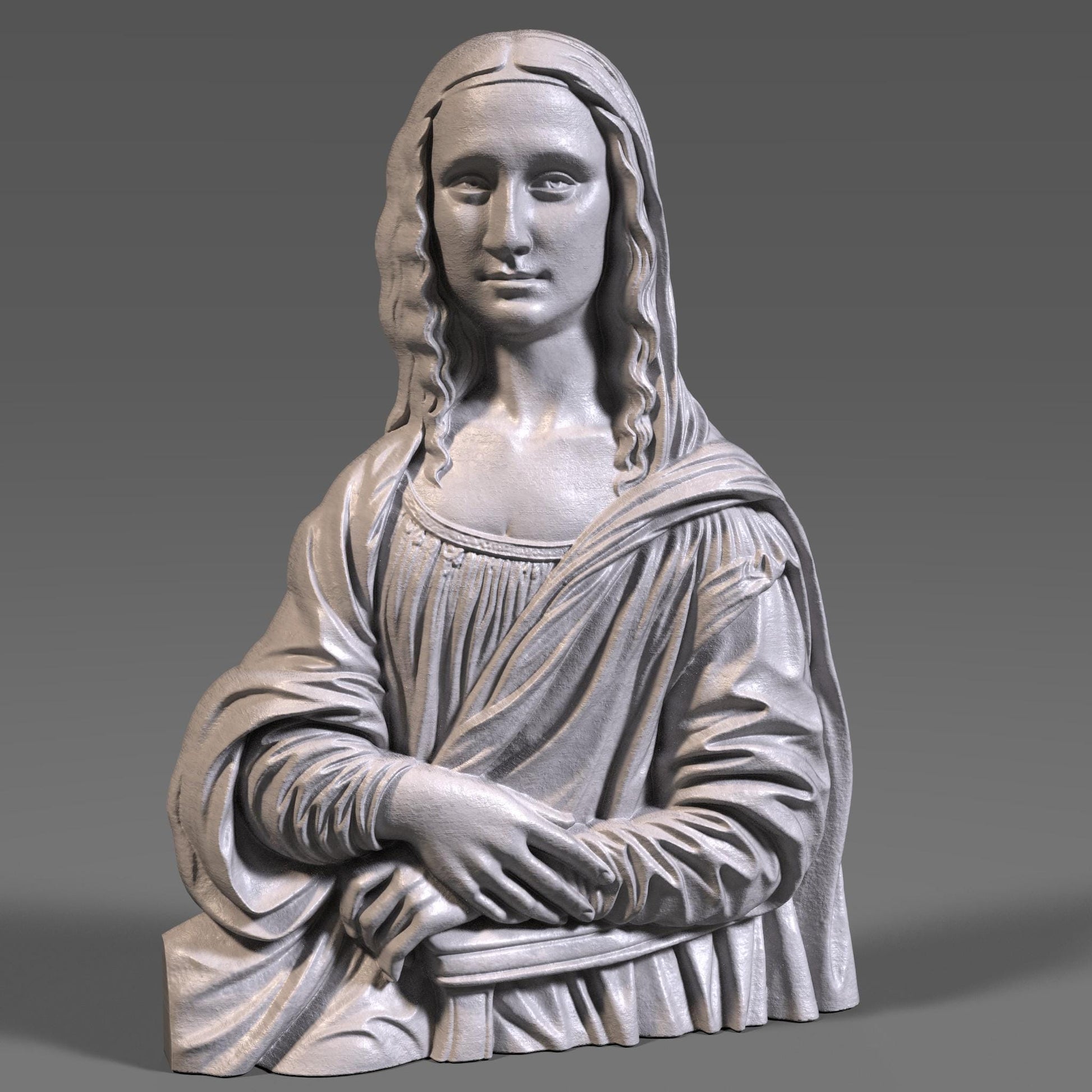Elegant 3D sculpture of the Mona Lisa bust rendered in high-resolution resin and carved wood finishes, ideal for premium CNC carving or high-detail 3D printing. Classic Renaissance pose with flowing hair and detailed drapery, perfect for art collectors and luxury home decor creators.
