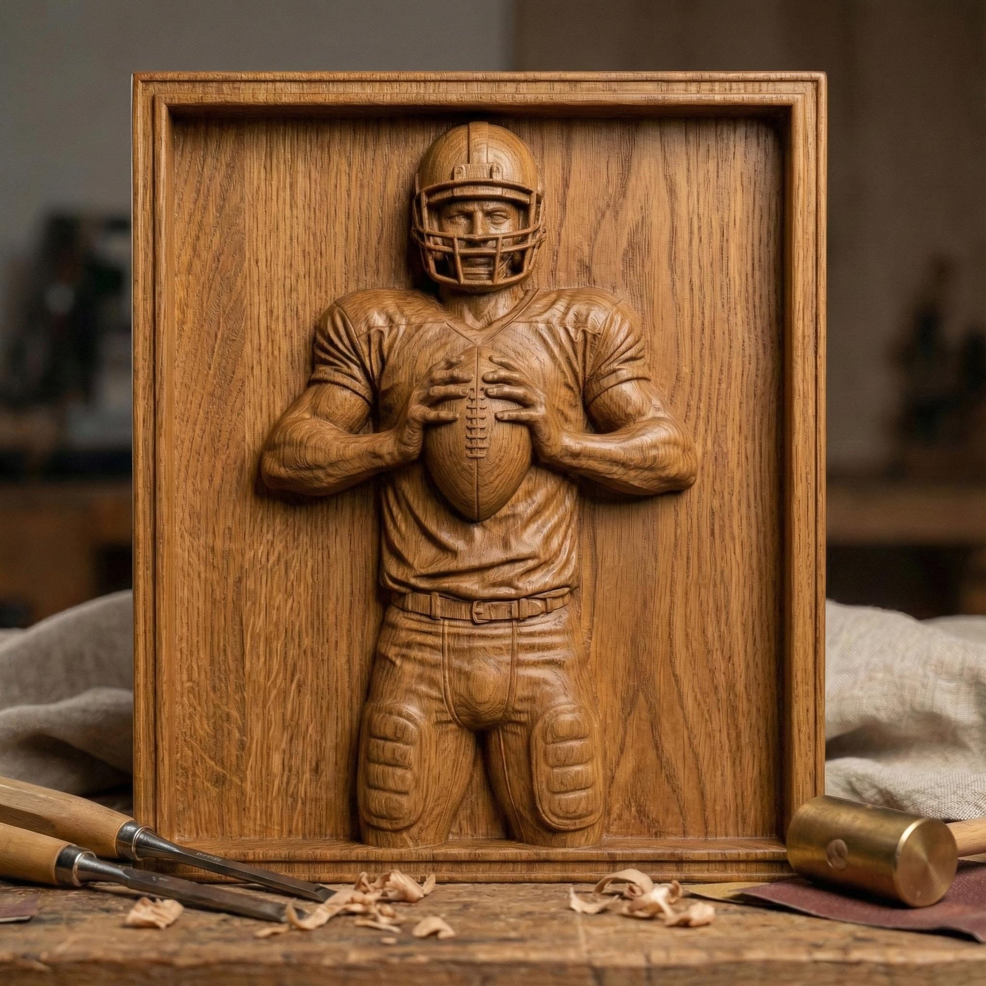 Detailed bas-relief carving of an American football player holding a ball in a ready quarterback stance, wearing a helmet and padded uniform. The design features realistic muscle definition, fabric folds, and sports gear textures carved in a wood-grain style. Ideal for CNC carving, 3D printing, or decorative sports wall art, perfect for football fans, man caves, and athletic-themed interiors.