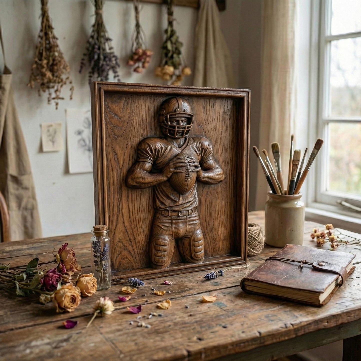 Detailed bas-relief carving of an American football player holding a ball in a ready quarterback stance, wearing a helmet and padded uniform. The design features realistic muscle definition, fabric folds, and sports gear textures carved in a wood-grain style. Ideal for CNC carving, 3D printing, or decorative sports wall art, perfect for football fans, man caves, and athletic-themed interiors.