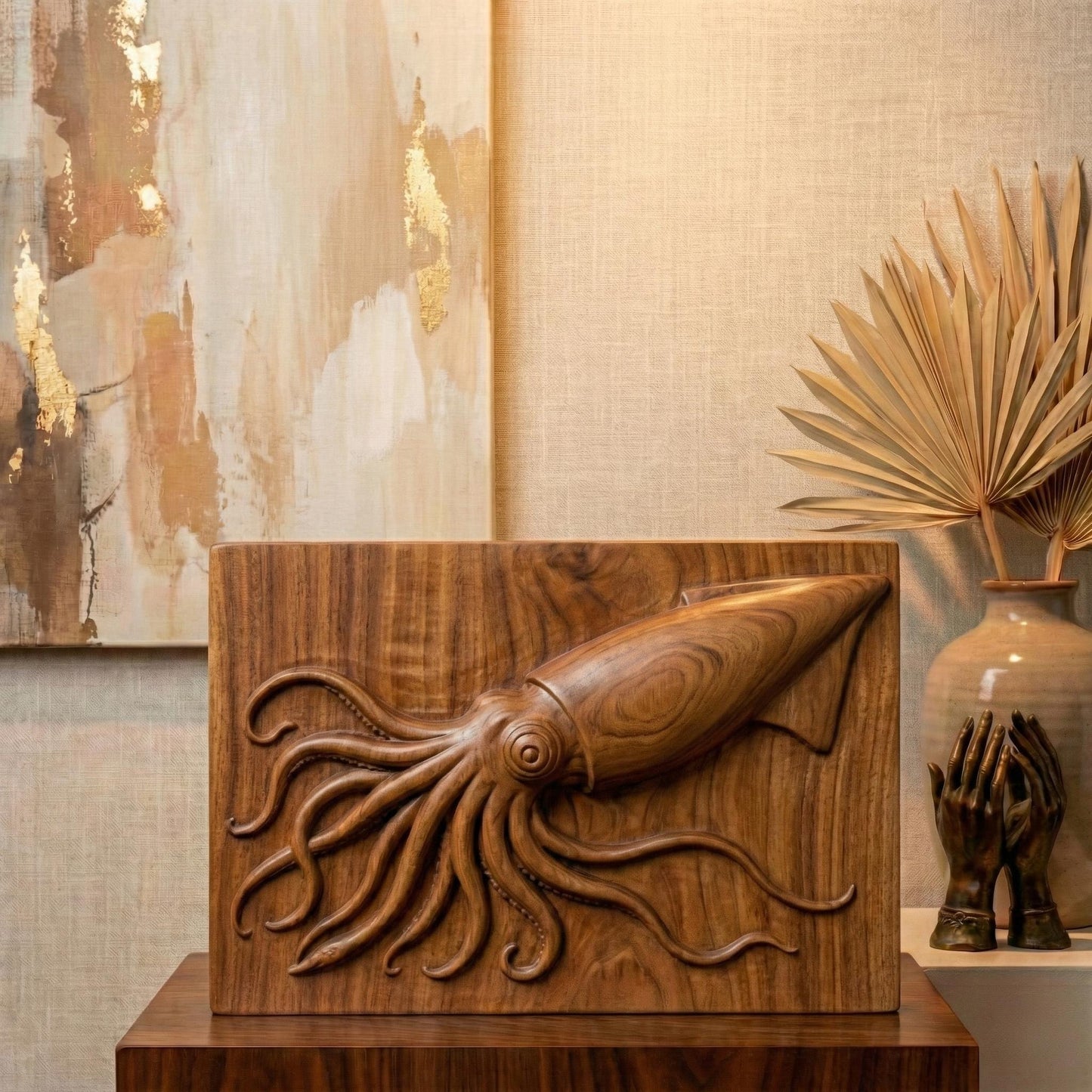 A highly detailed 3D bas relief carving of a squid crafted in a rich reddish-brown wood tone. The squid is positioned diagonally on a rectangular slab with its long tentacles dynamically flowing in various directions, creating a sense of motion. Each tentacle is intricately rendered with natural curvature and suction cups, while the squid’s large eye and streamlined body give it a lifelike presence. The background slab has chipped, rough edges and a vertical wood grain texture.