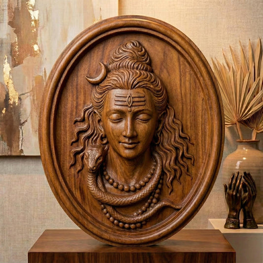 3D bas relief of Lord Shiva carved in wood texture, showcasing his serene expression, crescent moon on his hair, closed eyes, detailed wavy hair, rudraksha necklace, and a coiled snake around his neck, set within a round plaque design. Ideal for CNC carving, religious wall art, and traditional Indian decor, rendered with realistic wood grain detailing and deep engraving for visual depth and dimensional quality.