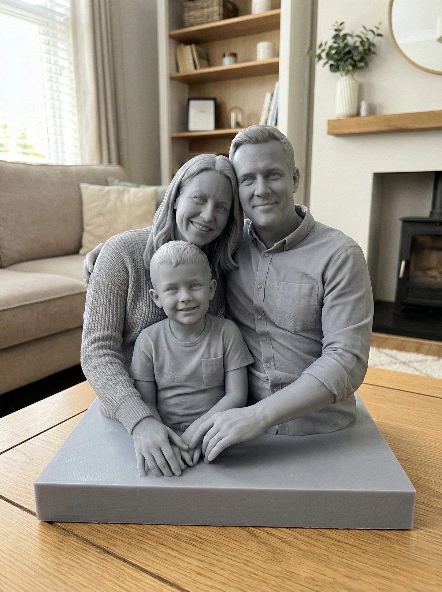 Highly detailed custom family portrait 3D model showing parents and children seated closely together with warm smiles and affectionate body language. The realistic sculpt captures facial expressions, clothing folds, and natural poses, designed as a resin or filament 3D print from customer photos. Ideal for personalized family keepsake decor, memorial art, anniversary gifts, or meaningful home display.