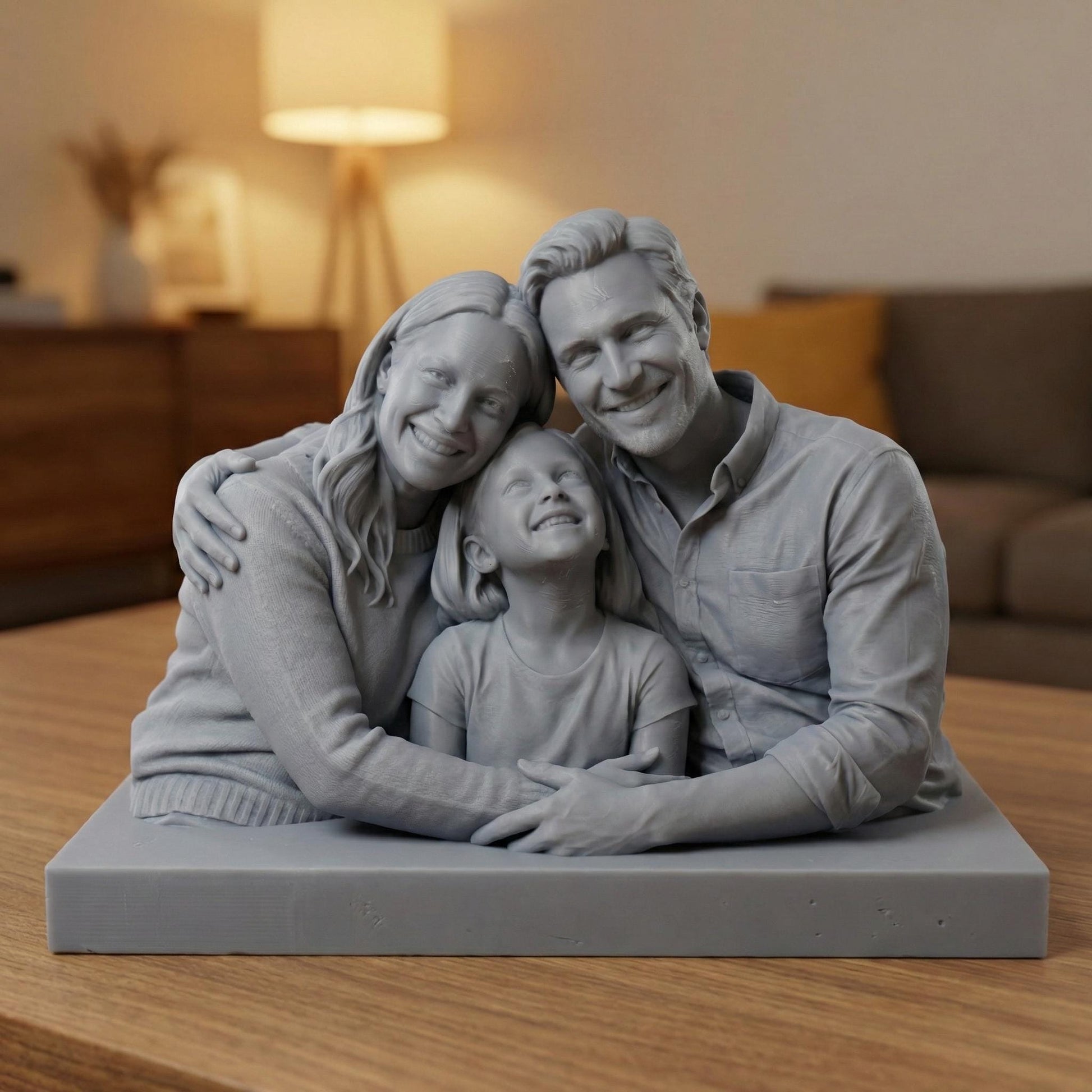 Highly detailed custom family portrait 3D model showing parents and children seated closely together with warm smiles and affectionate body language. The realistic sculpt captures facial expressions, clothing folds, and natural poses, designed as a resin or filament 3D print from customer photos. Ideal for personalized family keepsake decor, memorial art, anniversary gifts, or meaningful home display.