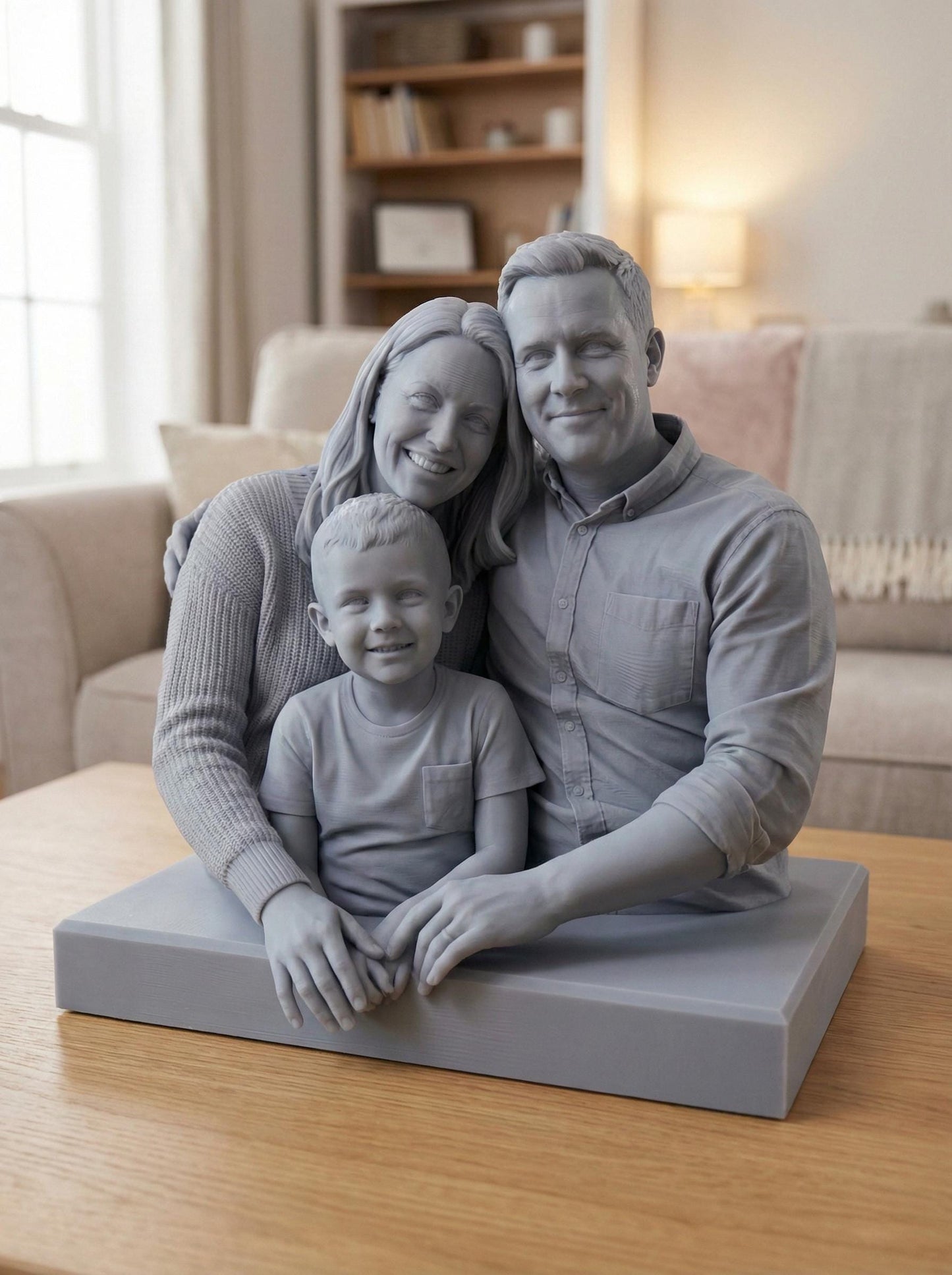 Highly detailed custom family portrait 3D model showing parents and children seated closely together with warm smiles and affectionate body language. The realistic sculpt captures facial expressions, clothing folds, and natural poses, designed as a resin or filament 3D print from customer photos. Ideal for personalized family keepsake decor, memorial art, anniversary gifts, or meaningful home display.