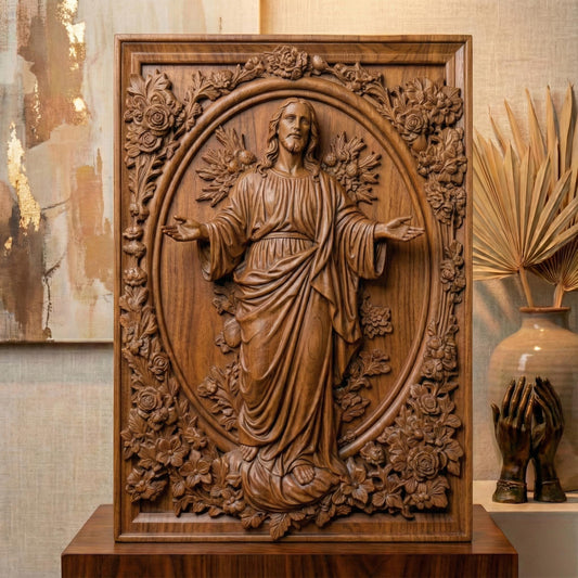 Highly detailed 3D STL relief model of Jesus Christ, designed for CNC wood carving, laser engraving, and 3D printing. This digital download features intricate sculpting with realistic facial details, flowing hair, and a serene expression. The halo behind adds a divine touch, making it ideal for religious decor, Christian gifts, and Easter wall art. Perfect for artisans, woodworkers, and makers creating custom faith-based crafts, wooden sculptures, or church decorations