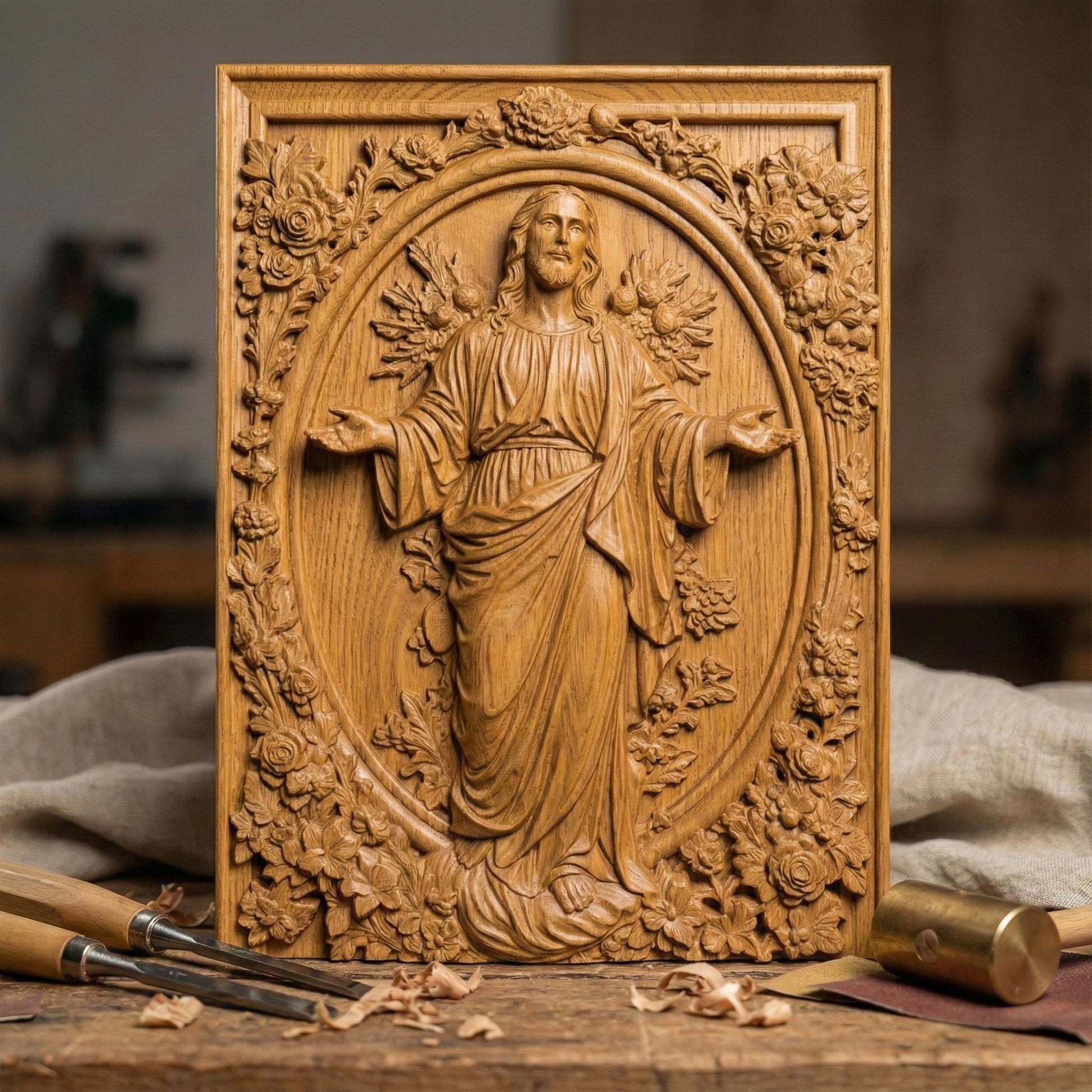 Highly detailed 3D STL relief model of Jesus Christ, designed for CNC wood carving, laser engraving, and 3D printing. This digital download features intricate sculpting with realistic facial details, flowing hair, and a serene expression. The halo behind adds a divine touch, making it ideal for religious decor, Christian gifts, and Easter wall art. Perfect for artisans, woodworkers, and makers creating custom faith-based crafts, wooden sculptures, or church decorations