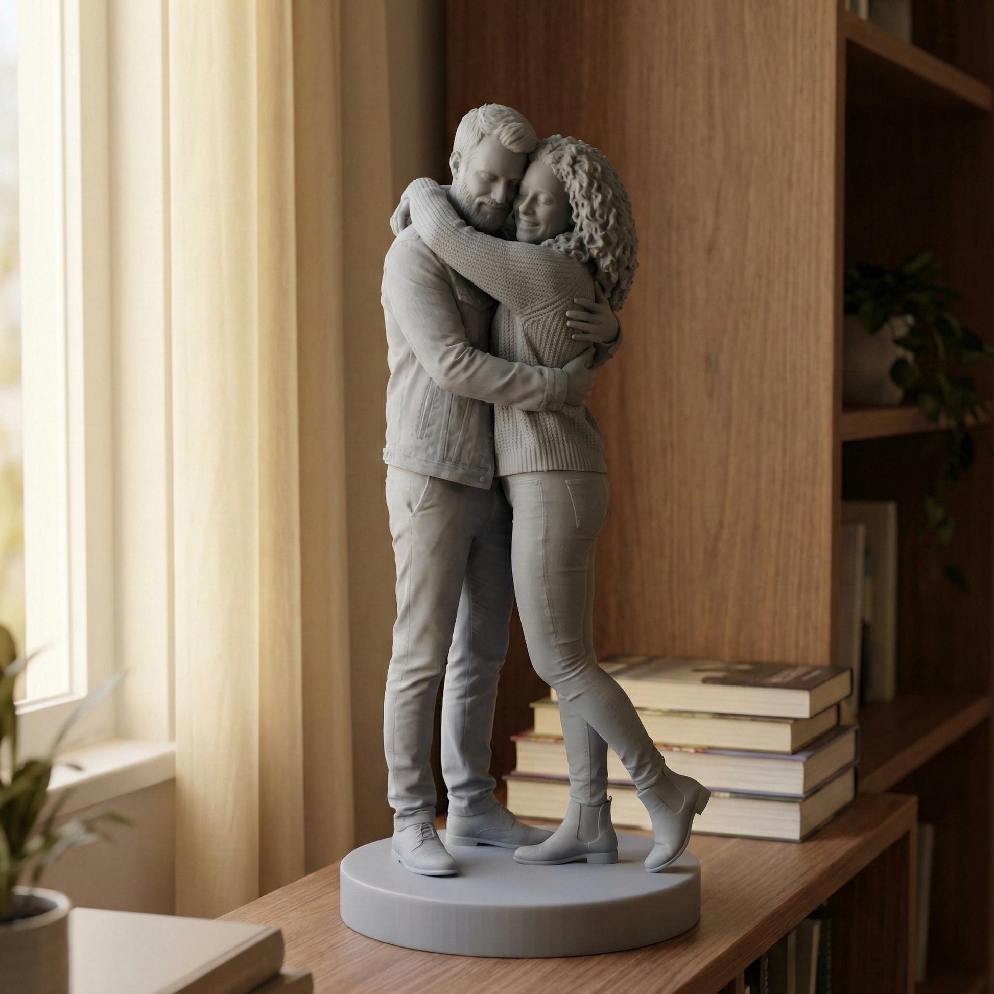 High-detail custom couple portrait 3D print model showing two partners in romantic poses such as embracing, dancing, or holding hands. The sculpt captures realistic facial features, flowing clothing, natural movement, and emotional connection, created from customer photos. Designed for resin 3D printing as a meaningful keepsake, anniversary gift, engagement memory, or personalized romantic home décor.