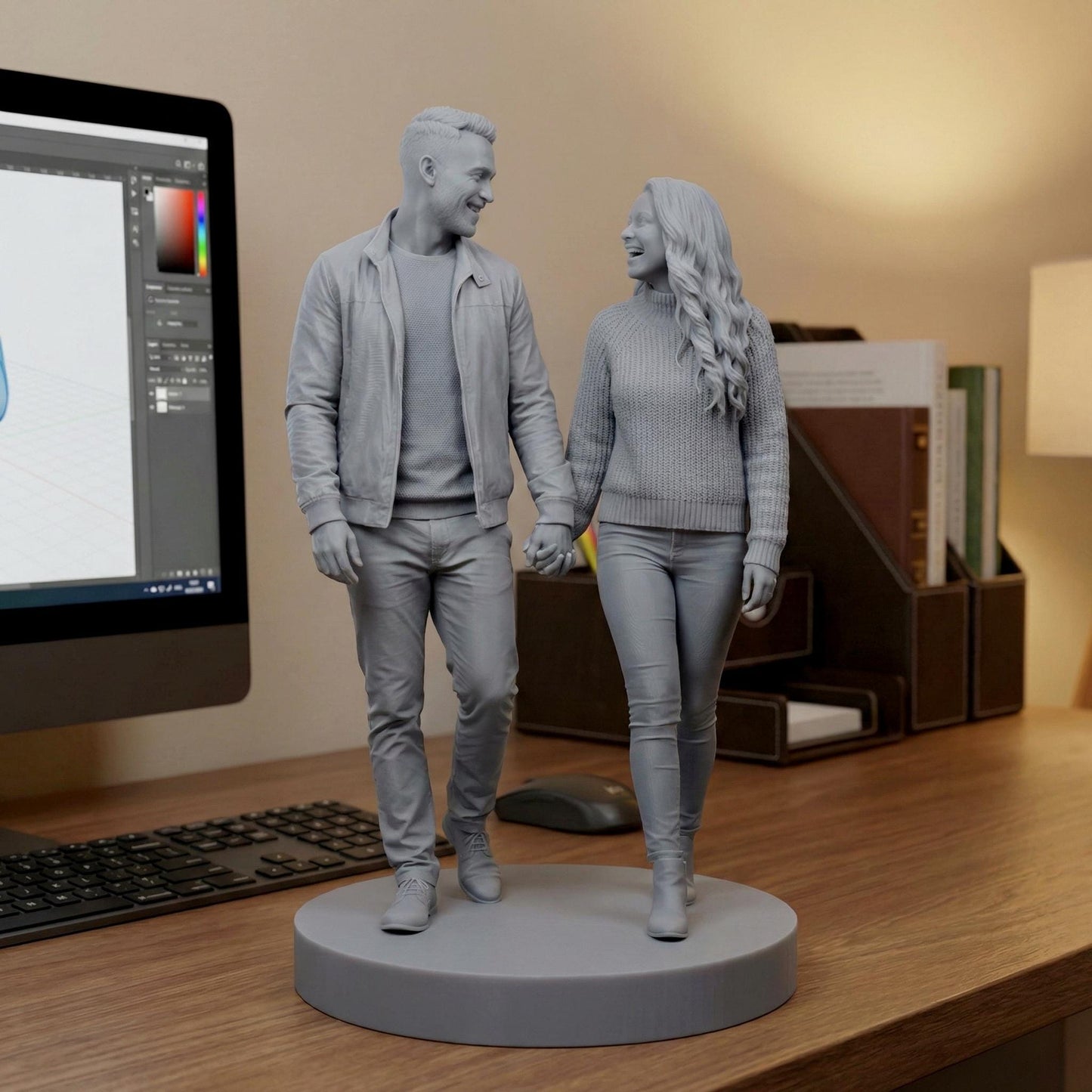 High-detail custom couple portrait 3D print model showing two partners in romantic poses such as embracing, dancing, or holding hands. The sculpt captures realistic facial features, flowing clothing, natural movement, and emotional connection, created from customer photos. Designed for resin 3D printing as a meaningful keepsake, anniversary gift, engagement memory, or personalized romantic home décor.