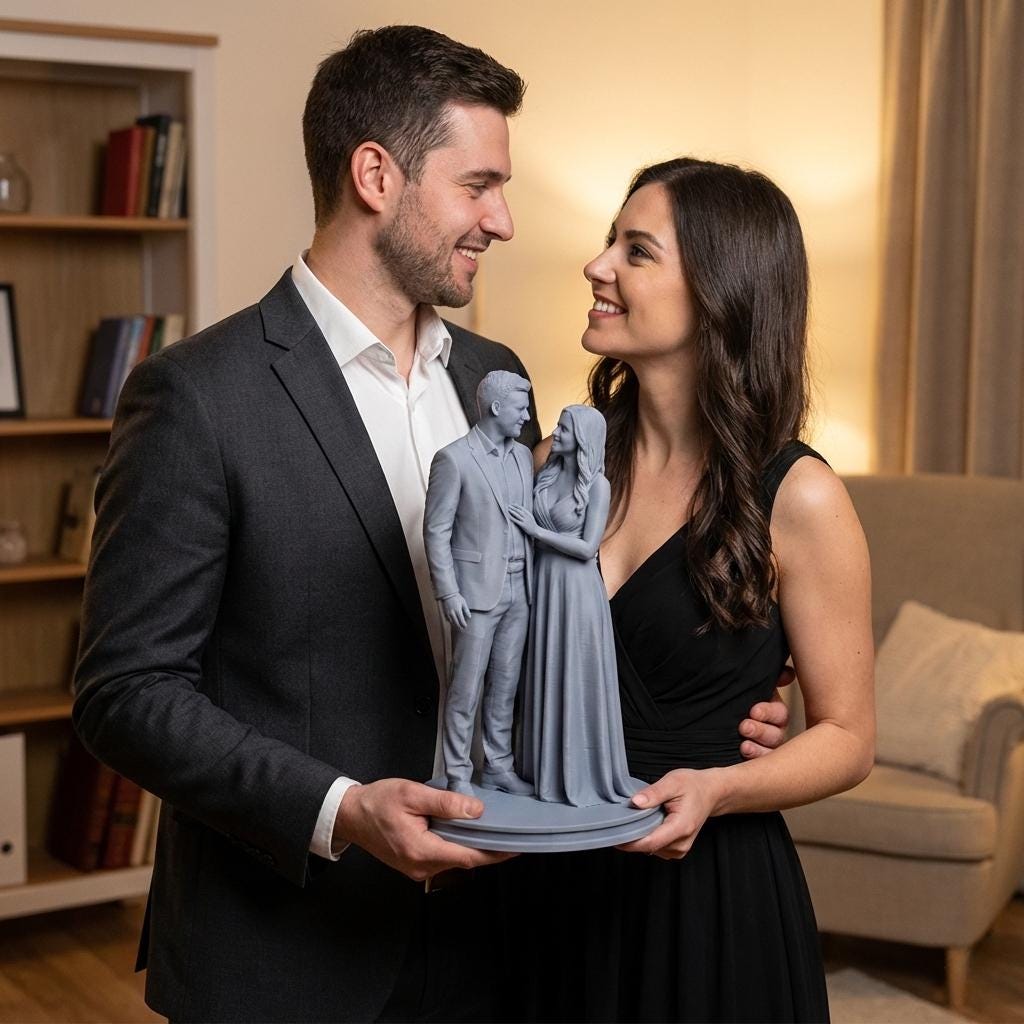 High-detail custom couple portrait 3D print model showing two partners in romantic poses such as embracing, dancing, or holding hands. The sculpt captures realistic facial features, flowing clothing, natural movement, and emotional connection, created from customer photos. Designed for resin 3D printing as a meaningful keepsake, anniversary gift, engagement memory, or personalized romantic home décor.