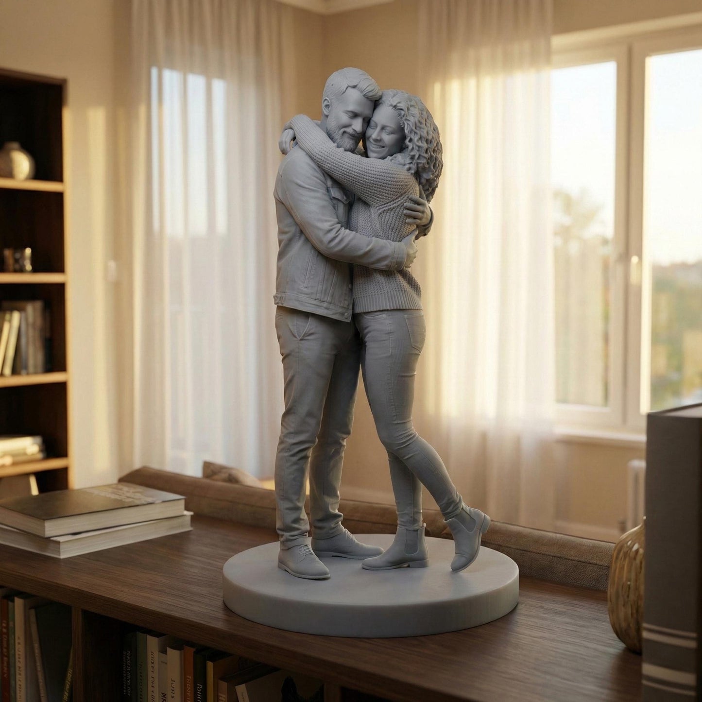 High-detail custom couple portrait 3D print model showing two partners in romantic poses such as embracing, dancing, or holding hands. The sculpt captures realistic facial features, flowing clothing, natural movement, and emotional connection, created from customer photos. Designed for resin 3D printing as a meaningful keepsake, anniversary gift, engagement memory, or personalized romantic home décor.