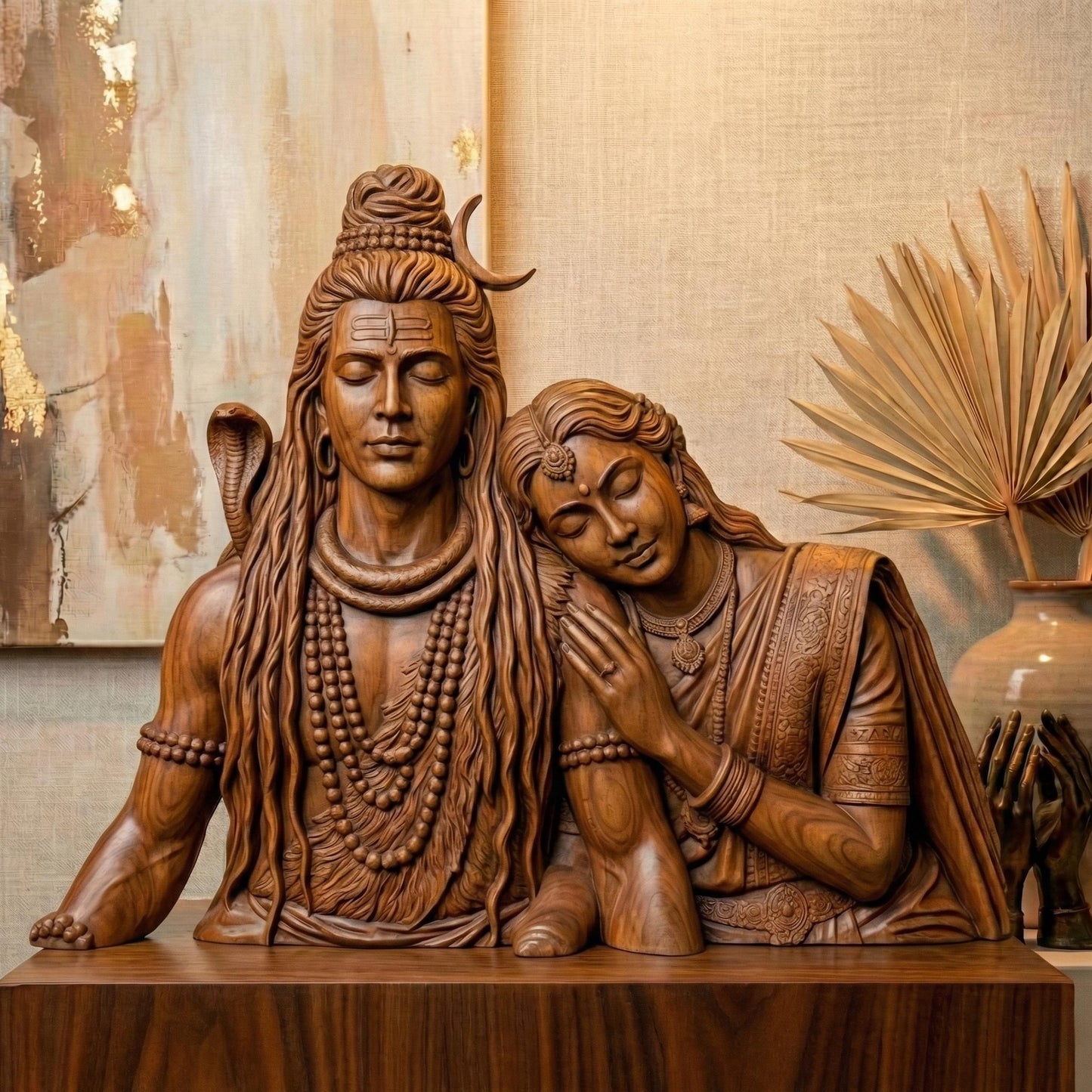 Detailed 3D STL model of Lord Shiva and Goddess Parvati depicted as a serene divine couple, sculpted in a realistic wooden carving style. Parvati rests gently on Shiva’s shoulder, symbolizing love, balance, and devotion. The model features intricate hair, jewelry, facial expressions, and traditional Indian ornaments, designed for CNC wood carving, 3D printing, and religious wall or tabletop decor. Digital STL download for personal or commercial fabrication.