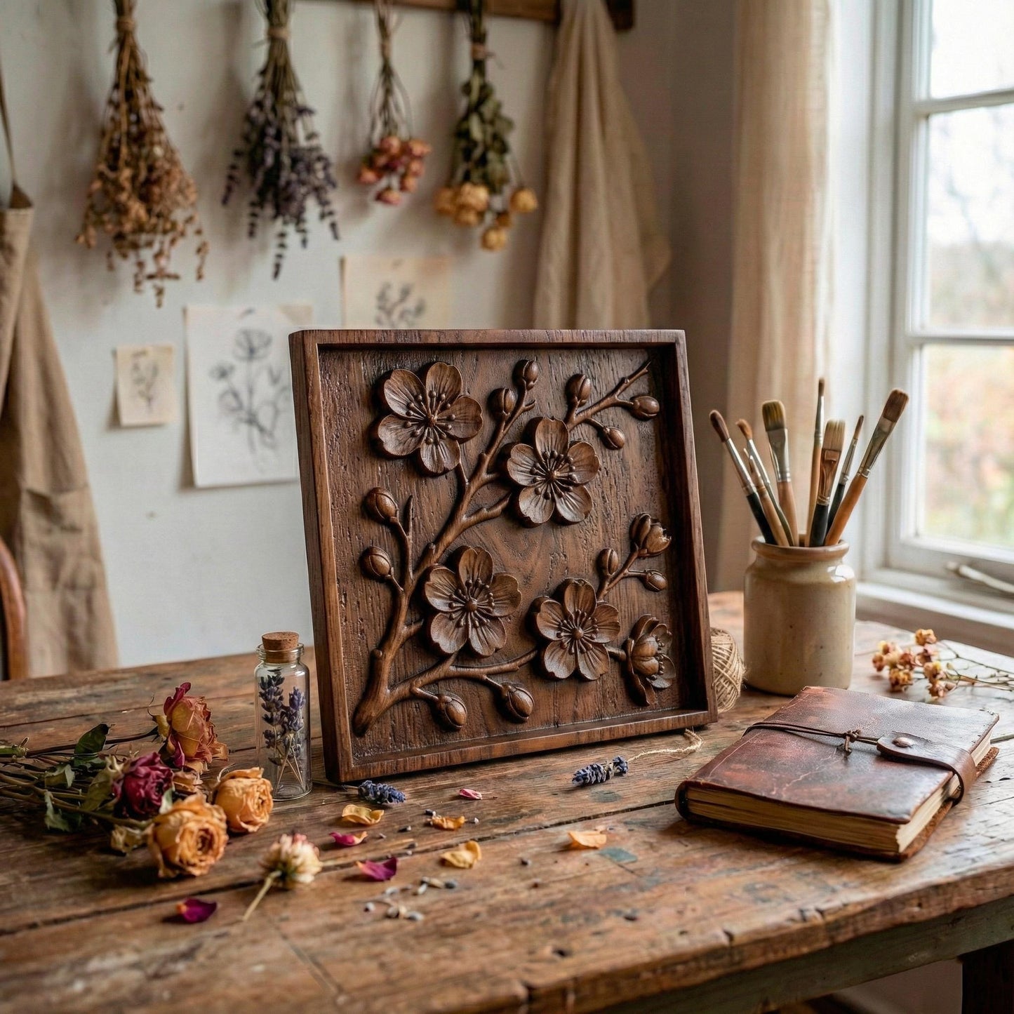 Detailed 3D STL floral relief design featuring cherry blossom-style flowers and delicate branches, framed in a clean square layout. Ideal for CNC wood carving, laser engraving, or 3D printing on wood, resin, or stone. Perfect for creating elegant wall art, decorative panels, home décor, or gifts. The intricate petal shapes and natural composition add a touch of botanical beauty to any project, making it a standout digital download for craft and carving enthusiasts.