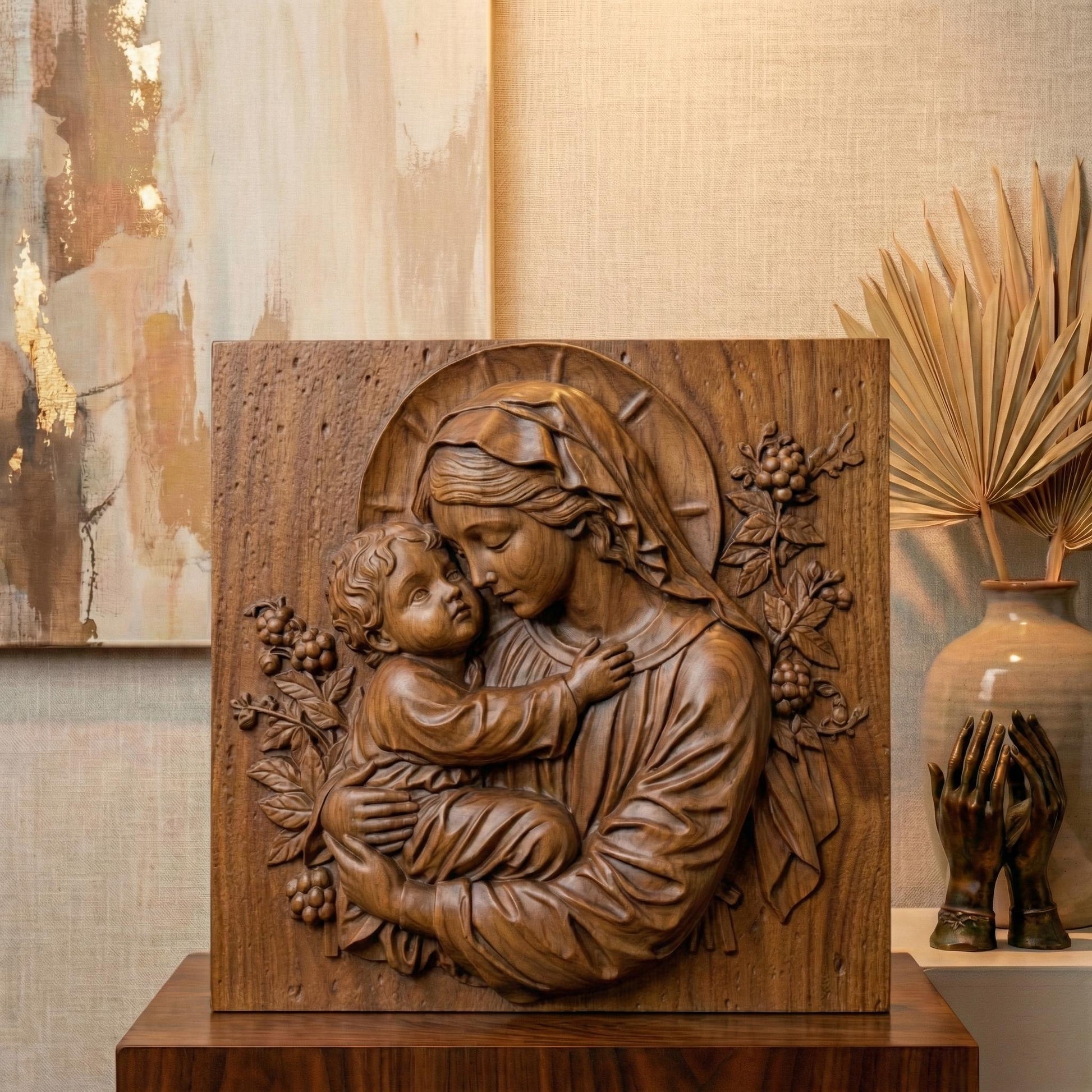 Beautiful 3D STL relief of the Virgin Mary holding baby Jesus, designed for CNC wood carving, laser engraving, and 3D printing. This highly detailed digital download features intricate floral accents and a touching depiction of maternal love and divine grace. Ideal for religious wall art, Christian home decor, and handmade faith-based gifts. Perfect for artisans, woodworkers, and churches looking to create sacred sculptures, devotional pieces, or Easter and Christmas decorations.