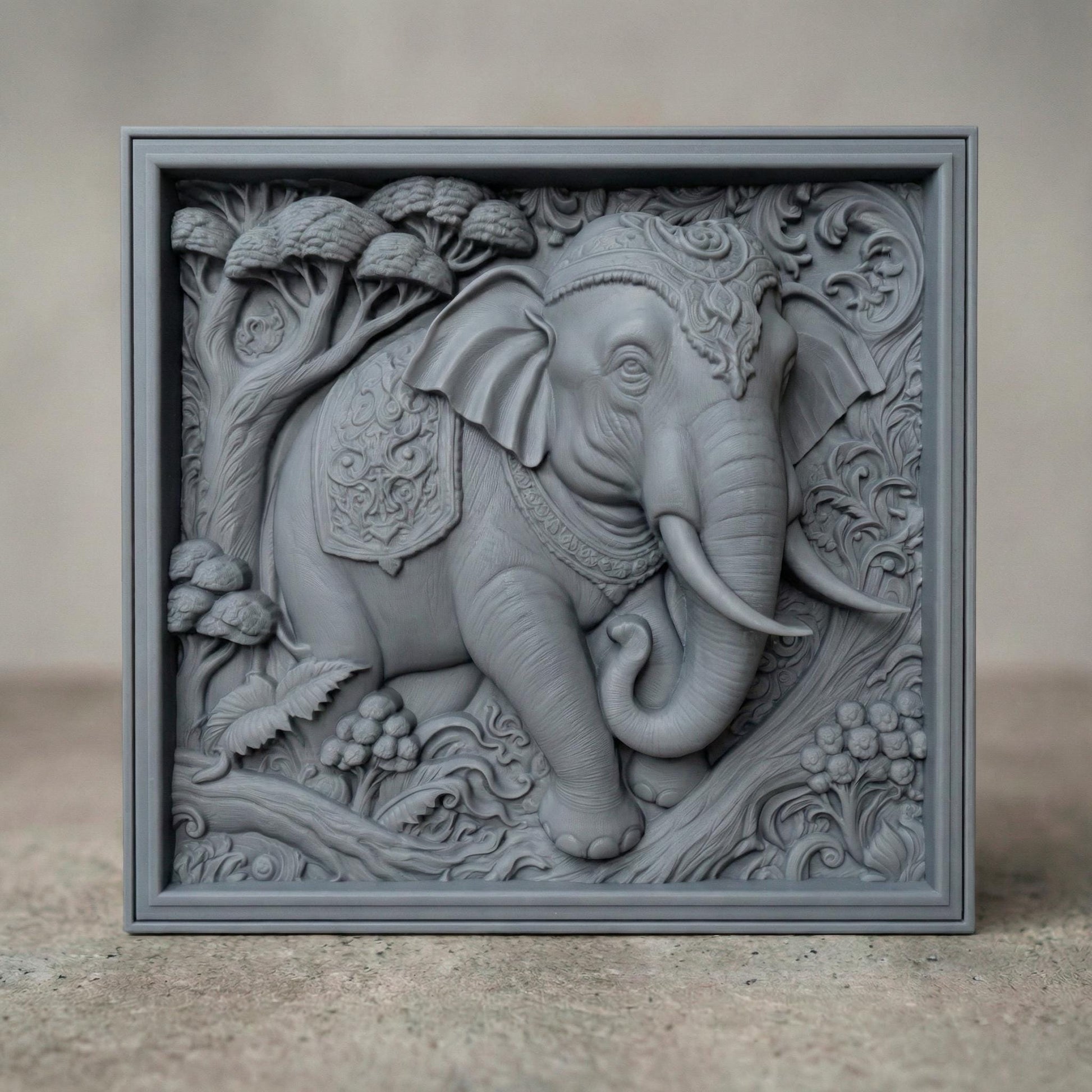 Intricately designed 3D STL relief of an elephant with floral and ornamental details, perfect for CNC wood carving, laser engraving, and 3D printing. This high-quality digital download features a majestic elephant with realistic textures, curved tusks, and a decorative jungle-inspired background. Ideal for wall art, wildlife decor, and nature-inspired sculptures. A great choice for artisans, woodworkers, and those who appreciate spiritual and cultural elephant symbolism.