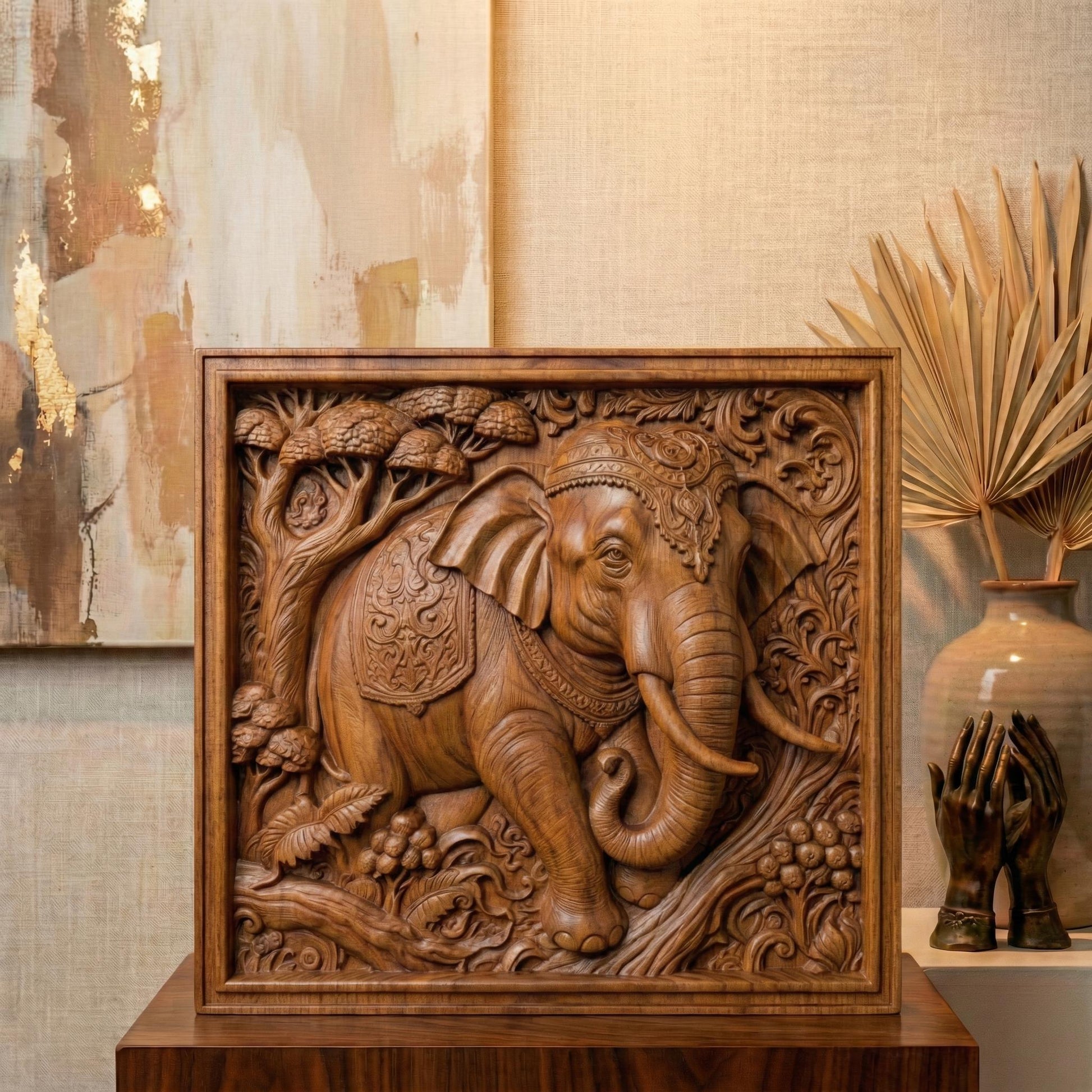 Intricately designed 3D STL relief of an elephant with floral and ornamental details, perfect for CNC wood carving, laser engraving, and 3D printing. This high-quality digital download features a majestic elephant with realistic textures, curved tusks, and a decorative jungle-inspired background. Ideal for wall art, wildlife decor, and nature-inspired sculptures. A great choice for artisans, woodworkers, and those who appreciate spiritual and cultural elephant symbolism.