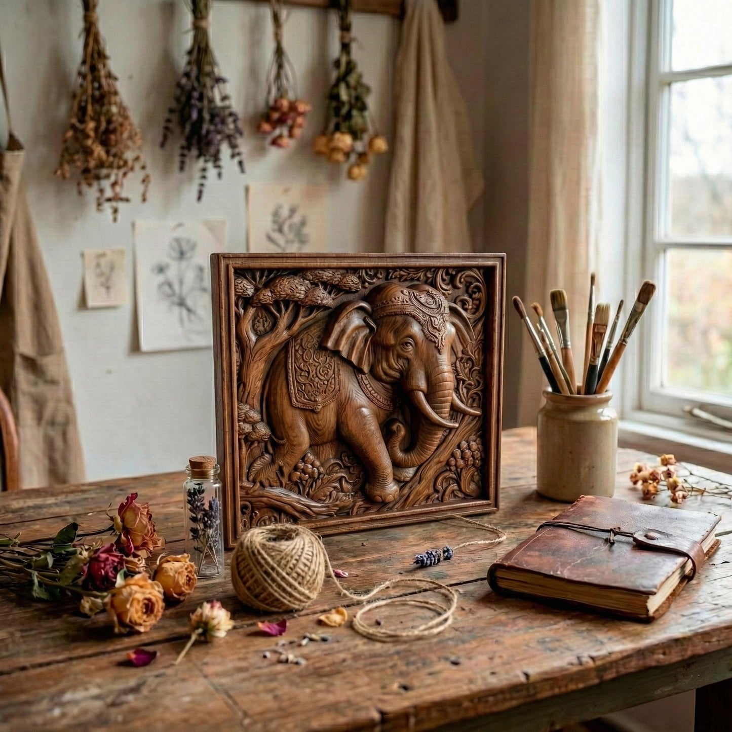 Intricately designed 3D STL relief of an elephant with floral and ornamental details, perfect for CNC wood carving, laser engraving, and 3D printing. This high-quality digital download features a majestic elephant with realistic textures, curved tusks, and a decorative jungle-inspired background. Ideal for wall art, wildlife decor, and nature-inspired sculptures. A great choice for artisans, woodworkers, and those who appreciate spiritual and cultural elephant symbolism.