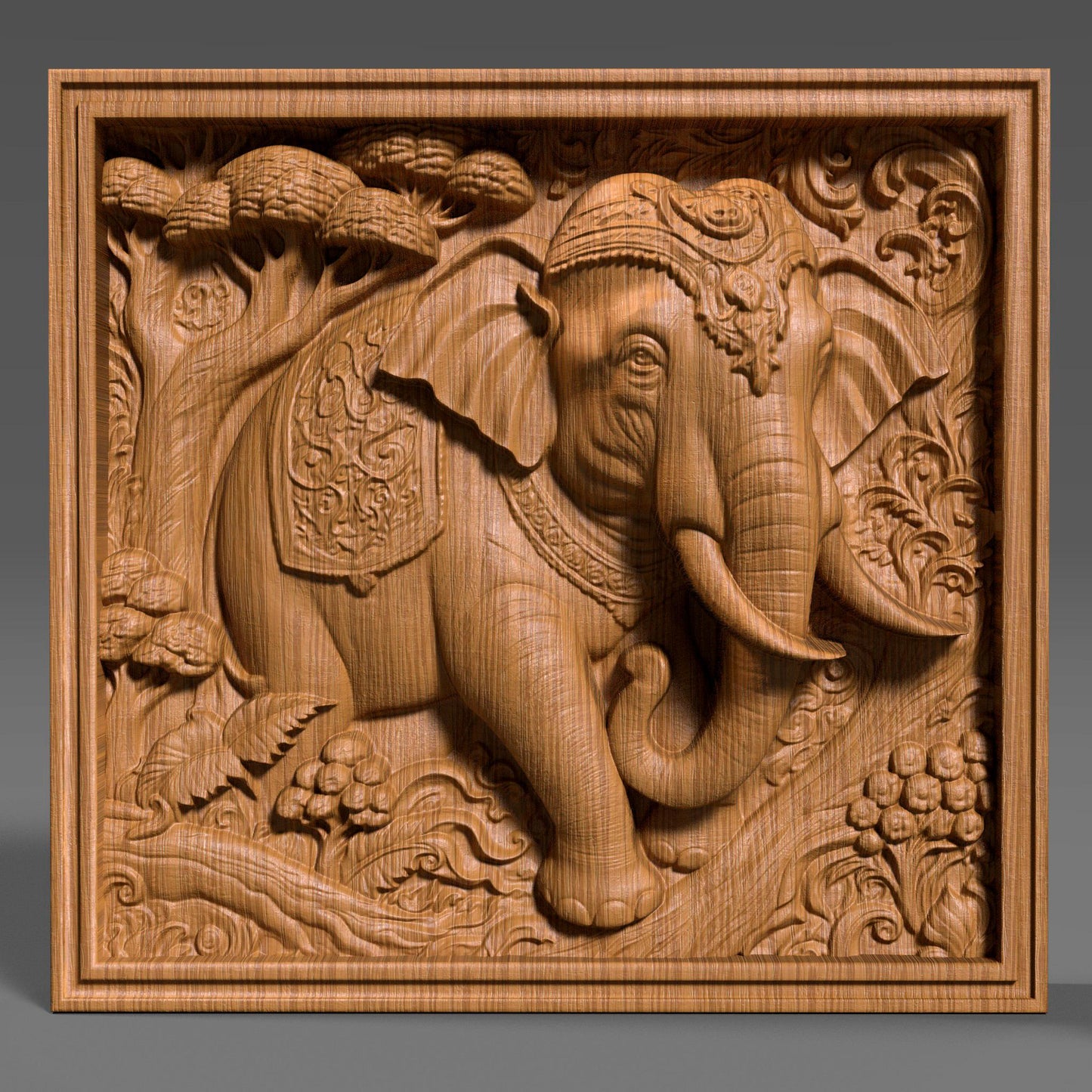 Intricately designed 3D STL relief of an elephant with floral and ornamental details, perfect for CNC wood carving, laser engraving, and 3D printing. This high-quality digital download features a majestic elephant with realistic textures, curved tusks, and a decorative jungle-inspired background. Ideal for wall art, wildlife decor, and nature-inspired sculptures. A great choice for artisans, woodworkers, and those who appreciate spiritual and cultural elephant symbolism.