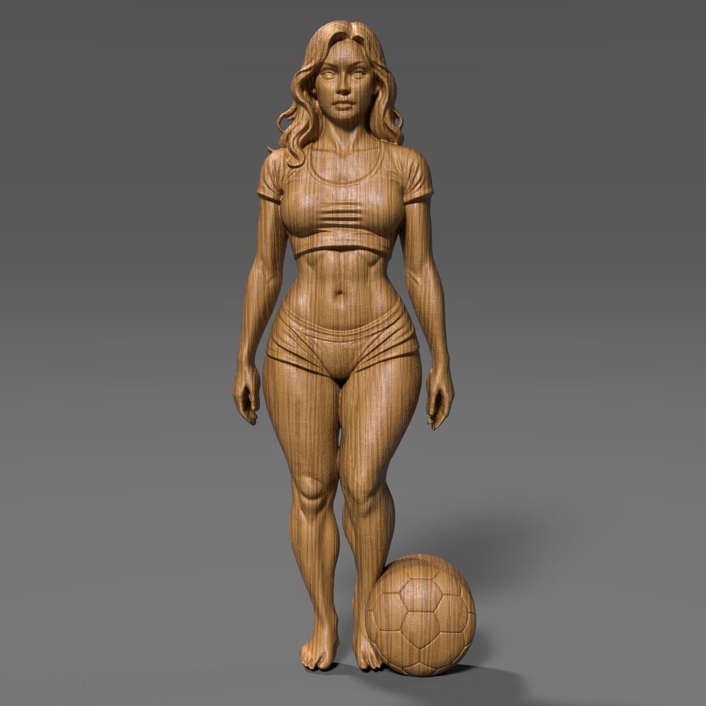 High-detail 3D STL model of a fit female soccer player standing with a football at her feet, sculpted in realistic anatomical proportions and dynamic athletic pose. The model features defined muscles, sports outfit, flowing hair, and balanced stance, suitable for CNC carving, wood sculpture, resin casting, and FDM 3D printing. Ideal for sports trophies, wall art, figurines, and football fan decor. Digital download STL file.