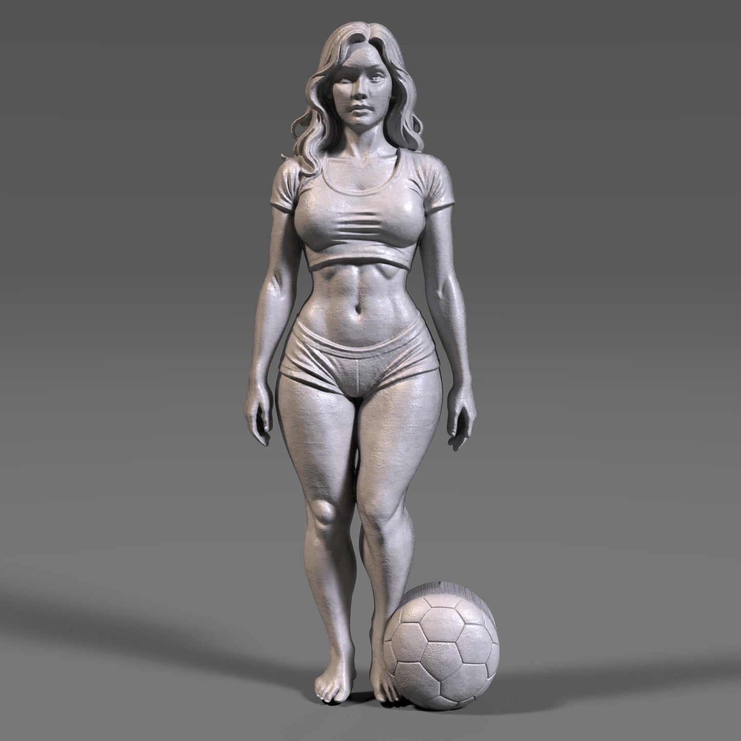 High-detail 3D STL model of a fit female soccer player standing with a football at her feet, sculpted in realistic anatomical proportions and dynamic athletic pose. The model features defined muscles, sports outfit, flowing hair, and balanced stance, suitable for CNC carving, wood sculpture, resin casting, and FDM 3D printing. Ideal for sports trophies, wall art, figurines, and football fan decor. Digital download STL file.