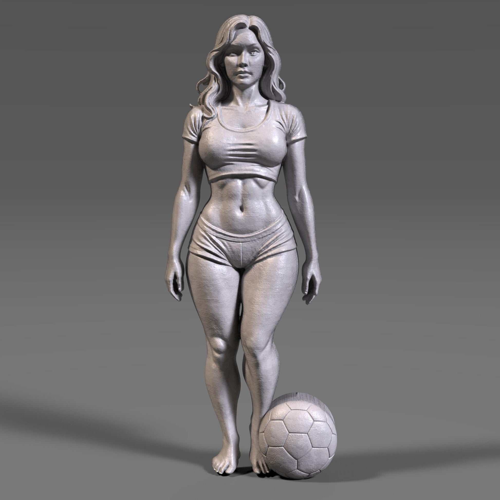 High-detail 3D STL model of a fit female soccer player standing with a football at her feet, sculpted in realistic anatomical proportions and dynamic athletic pose. The model features defined muscles, sports outfit, flowing hair, and balanced stance, suitable for CNC carving, wood sculpture, resin casting, and FDM 3D printing. Ideal for sports trophies, wall art, figurines, and football fan decor. Digital download STL file.