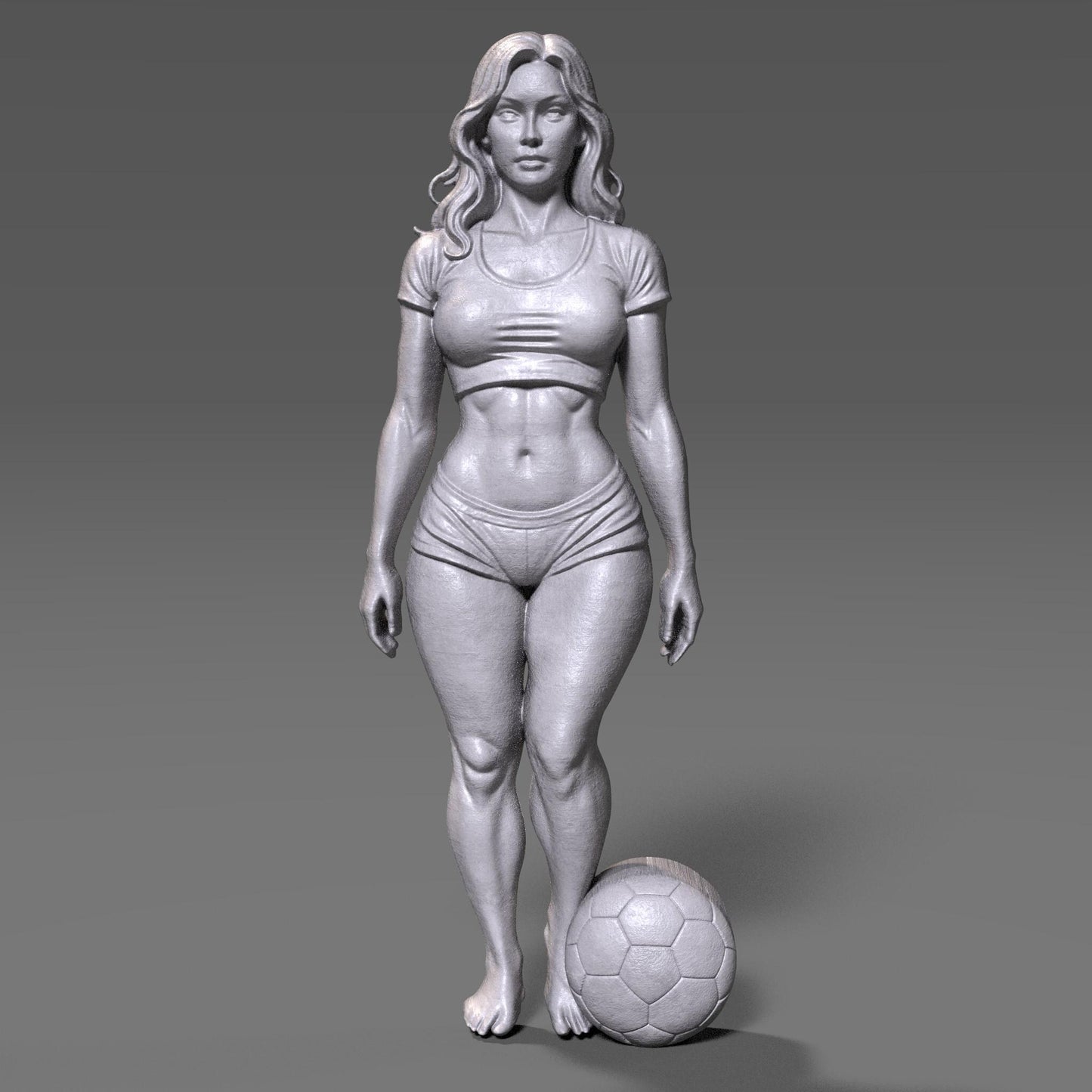 High-detail 3D STL model of a fit female soccer player standing with a football at her feet, sculpted in realistic anatomical proportions and dynamic athletic pose. The model features defined muscles, sports outfit, flowing hair, and balanced stance, suitable for CNC carving, wood sculpture, resin casting, and FDM 3D printing. Ideal for sports trophies, wall art, figurines, and football fan decor. Digital download STL file.
