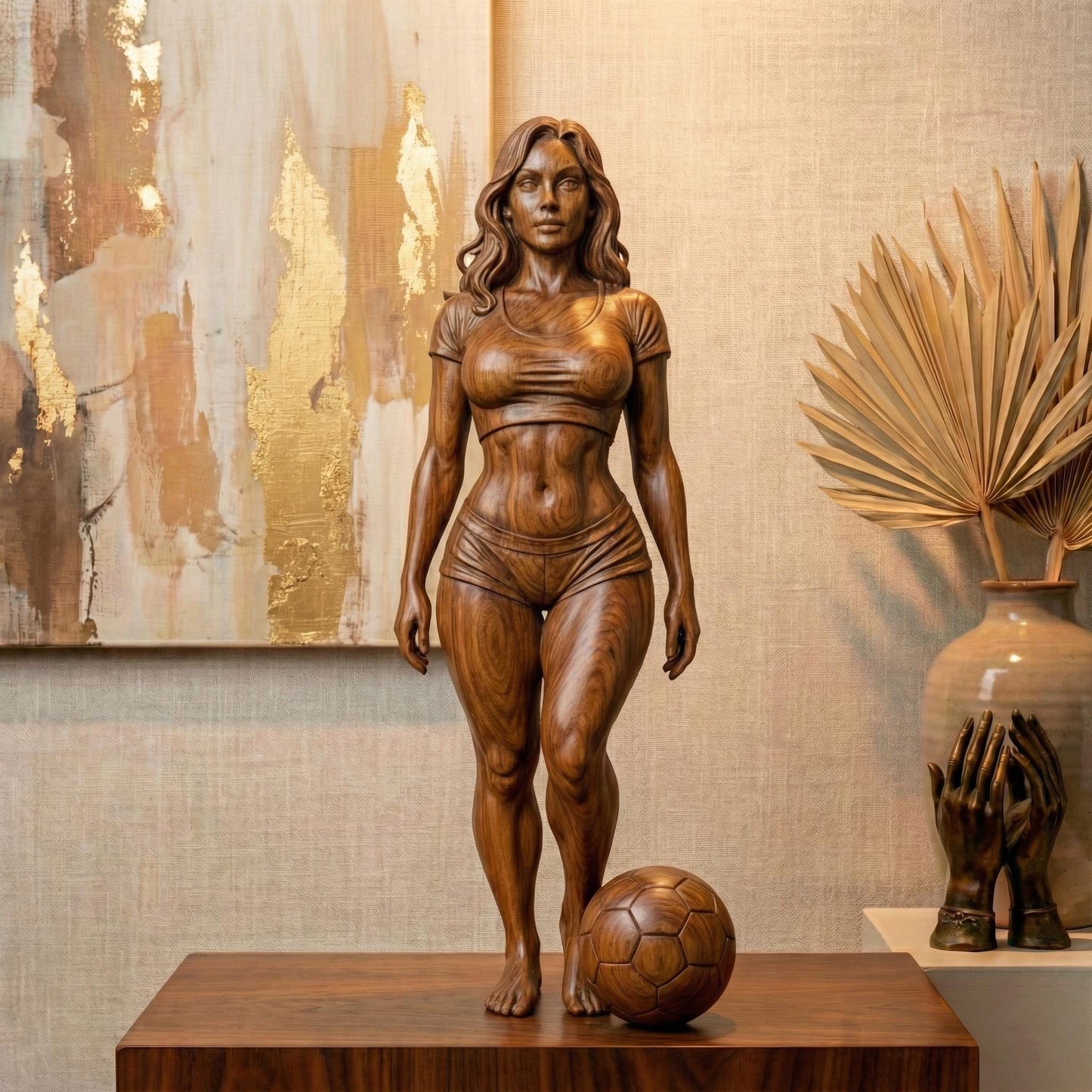 High-detail 3D STL model of a fit female soccer player standing with a football at her feet, sculpted in realistic anatomical proportions and dynamic athletic pose. The model features defined muscles, sports outfit, flowing hair, and balanced stance, suitable for CNC carving, wood sculpture, resin casting, and FDM 3D printing. Ideal for sports trophies, wall art, figurines, and football fan decor. Digital download STL file.