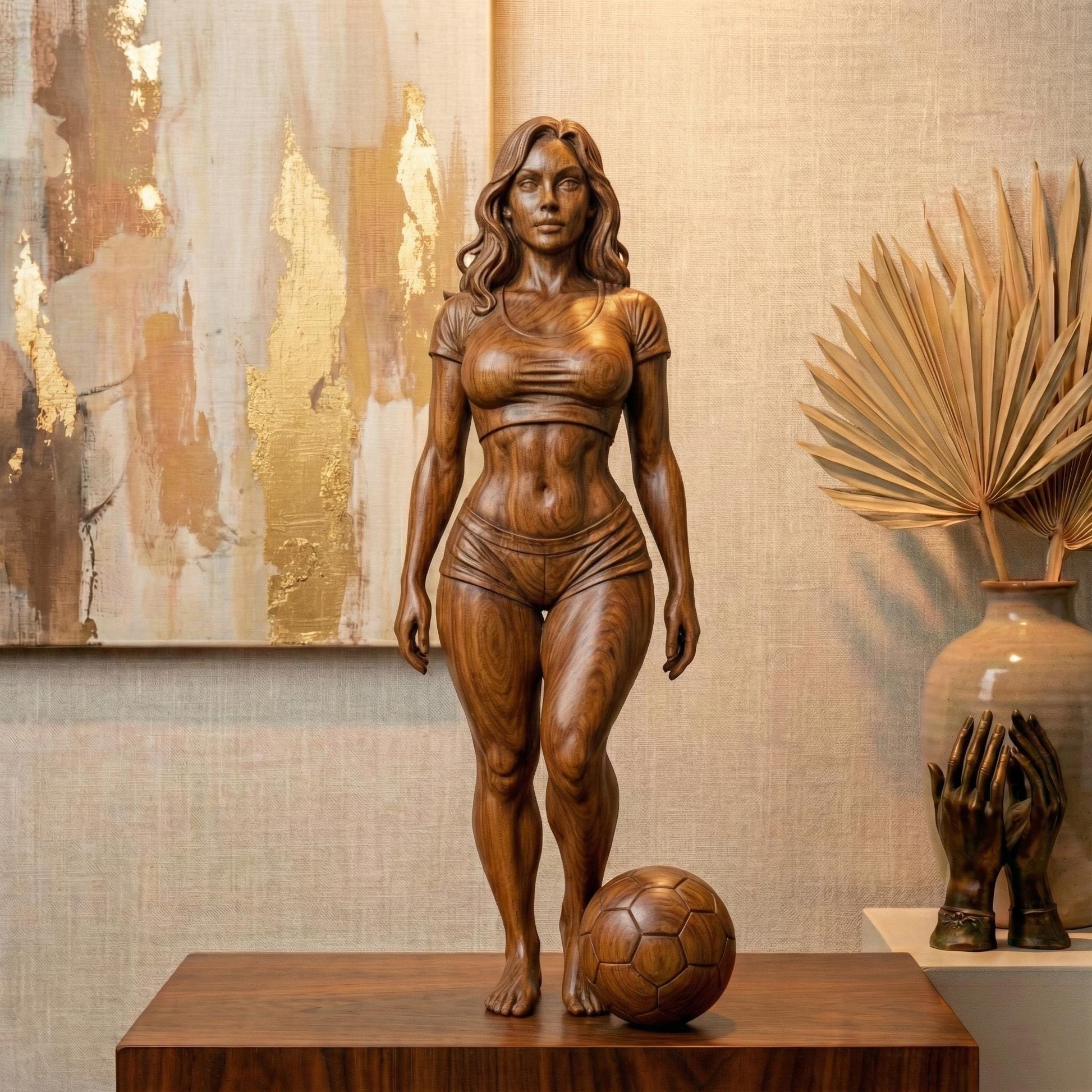 High-detail 3D STL model of a fit female soccer player standing with a football at her feet, sculpted in realistic anatomical proportions and dynamic athletic pose. The model features defined muscles, sports outfit, flowing hair, and balanced stance, suitable for CNC carving, wood sculpture, resin casting, and FDM 3D printing. Ideal for sports trophies, wall art, figurines, and football fan decor. Digital download STL file.