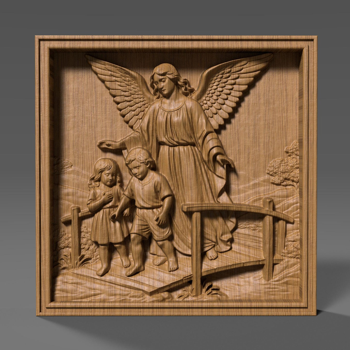 Highly detailed 3D STL bas-relief of a guardian angel protecting two children while guiding them across a bridge, symbolizing faith, safety, and divine care. The sculpture features large feathered wings, flowing robes, expressive faces, and deep layered relief suitable for CNC wood carving, resin casting, and 3D printing. Ideal for Christian wall decor, memorial art, nursery blessings, and religious gifts. Digital STL download.
