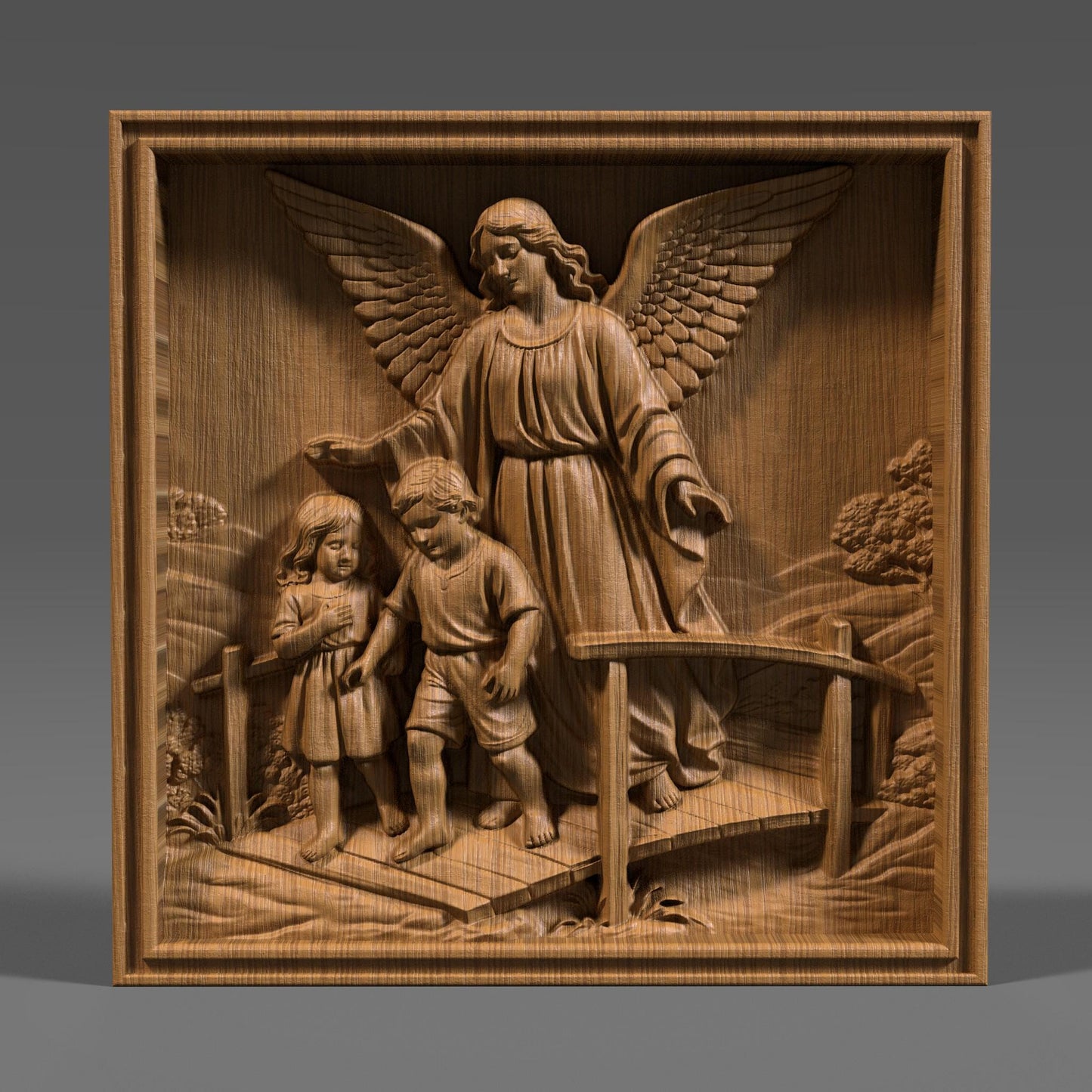 Highly detailed 3D STL bas-relief of a guardian angel protecting two children while guiding them across a bridge, symbolizing faith, safety, and divine care. The sculpture features large feathered wings, flowing robes, expressive faces, and deep layered relief suitable for CNC wood carving, resin casting, and 3D printing. Ideal for Christian wall decor, memorial art, nursery blessings, and religious gifts. Digital STL download.