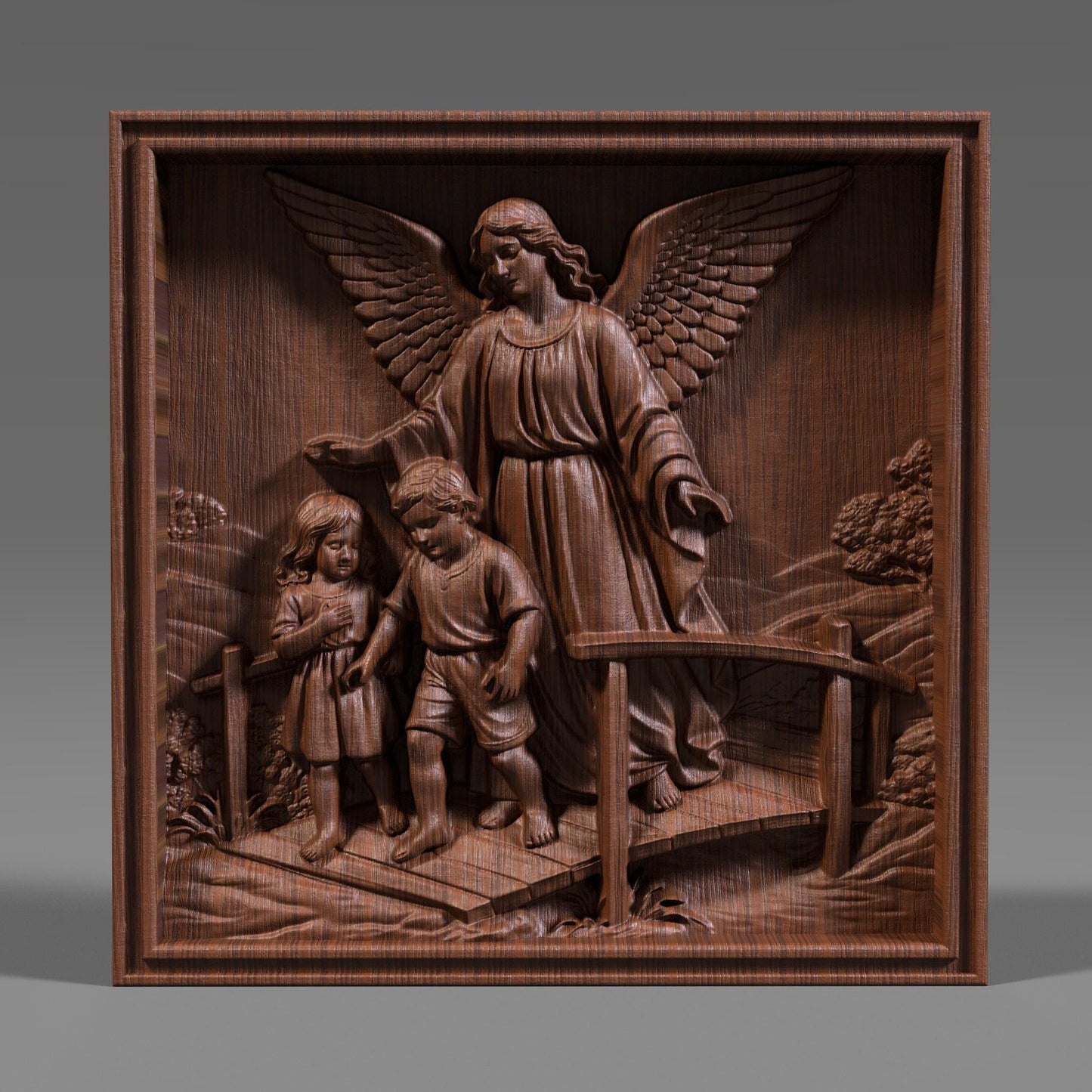 Highly detailed 3D STL bas-relief of a guardian angel protecting two children while guiding them across a bridge, symbolizing faith, safety, and divine care. The sculpture features large feathered wings, flowing robes, expressive faces, and deep layered relief suitable for CNC wood carving, resin casting, and 3D printing. Ideal for Christian wall decor, memorial art, nursery blessings, and religious gifts. Digital STL download.