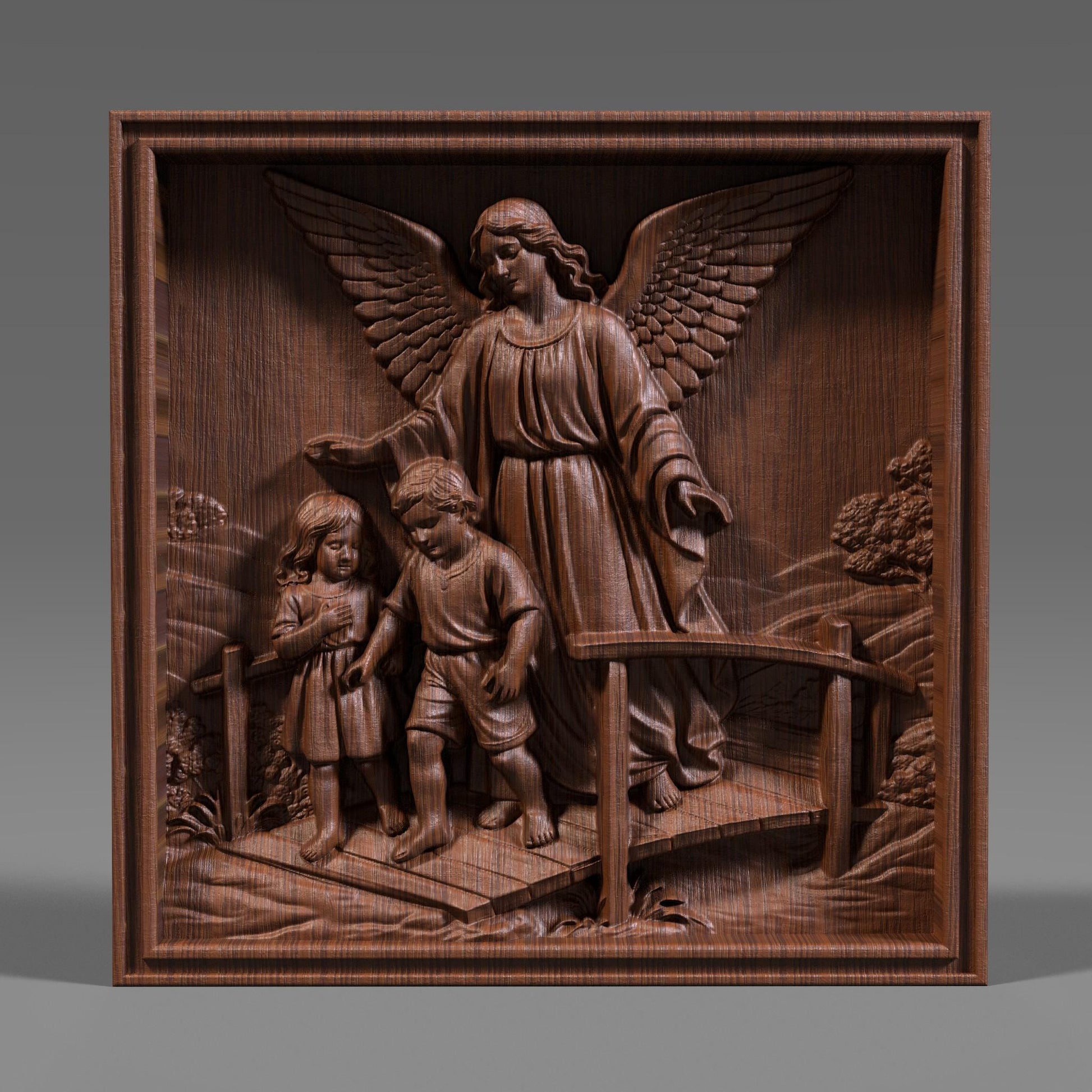 Highly detailed 3D STL bas-relief of a guardian angel protecting two children while guiding them across a bridge, symbolizing faith, safety, and divine care. The sculpture features large feathered wings, flowing robes, expressive faces, and deep layered relief suitable for CNC wood carving, resin casting, and 3D printing. Ideal for Christian wall decor, memorial art, nursery blessings, and religious gifts. Digital STL download.