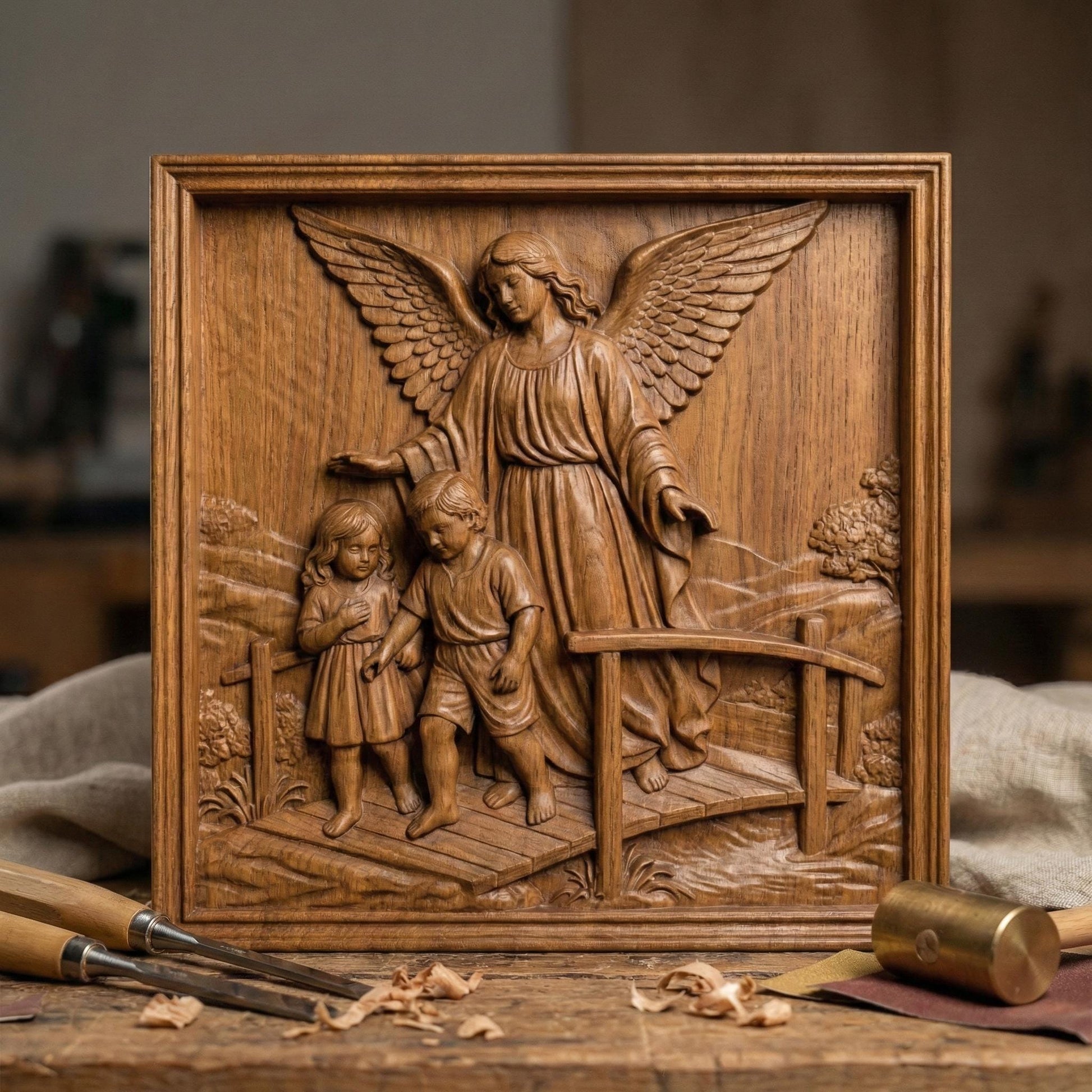 Highly detailed 3D STL bas-relief of a guardian angel protecting two children while guiding them across a bridge, symbolizing faith, safety, and divine care. The sculpture features large feathered wings, flowing robes, expressive faces, and deep layered relief suitable for CNC wood carving, resin casting, and 3D printing. Ideal for Christian wall decor, memorial art, nursery blessings, and religious gifts. Digital STL download.