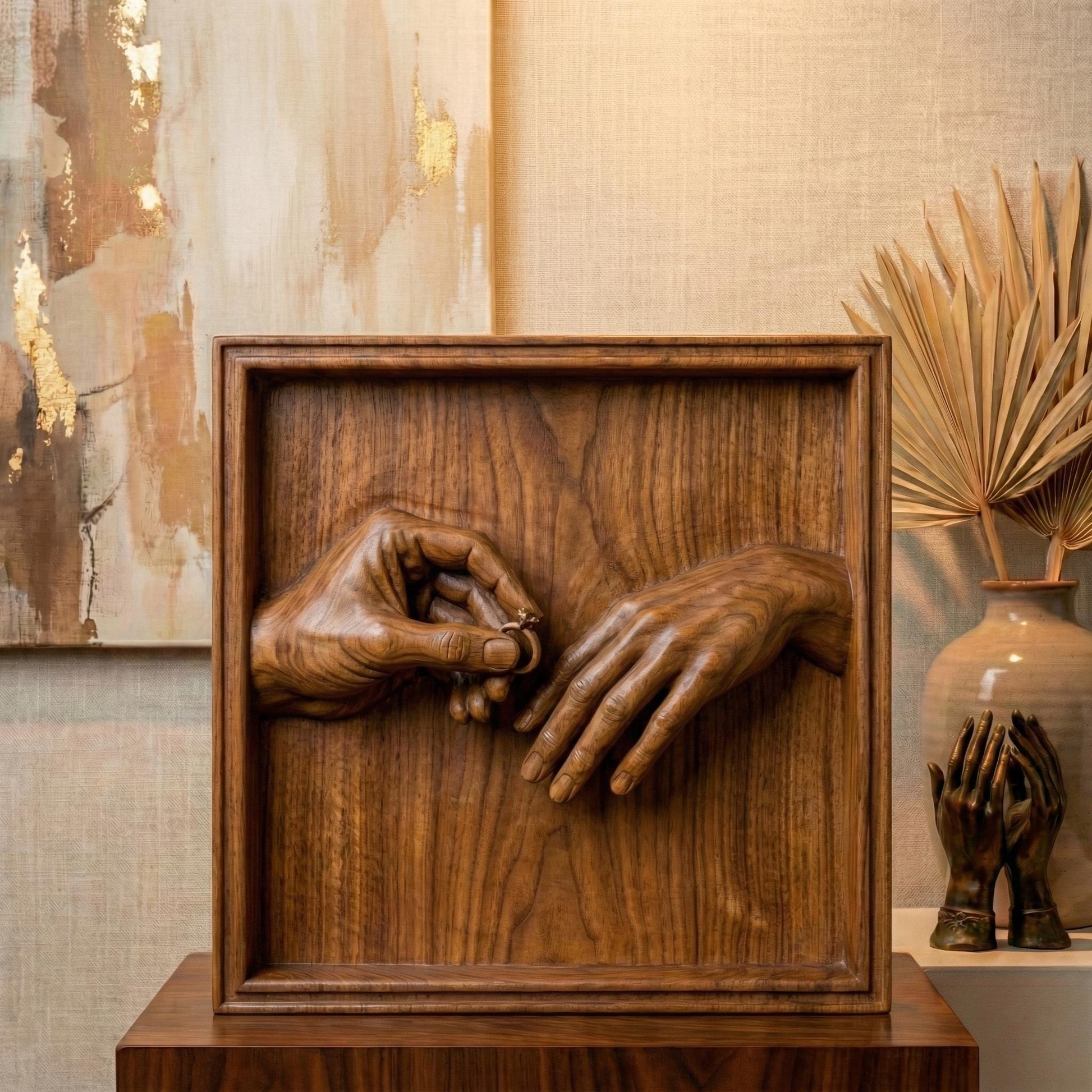 High-detail 3D STL bas-relief of two hands during a romantic marriage proposal, one gently placing an engagement ring on the other. The sculpted hands symbolize love, commitment, and unity, making it perfect for Valentine’s Day gifts, couple decor, wedding keepsakes, and anniversary wall art. Designed for CNC wood carving, resin casting, and 3D printing. Digital STL download.
