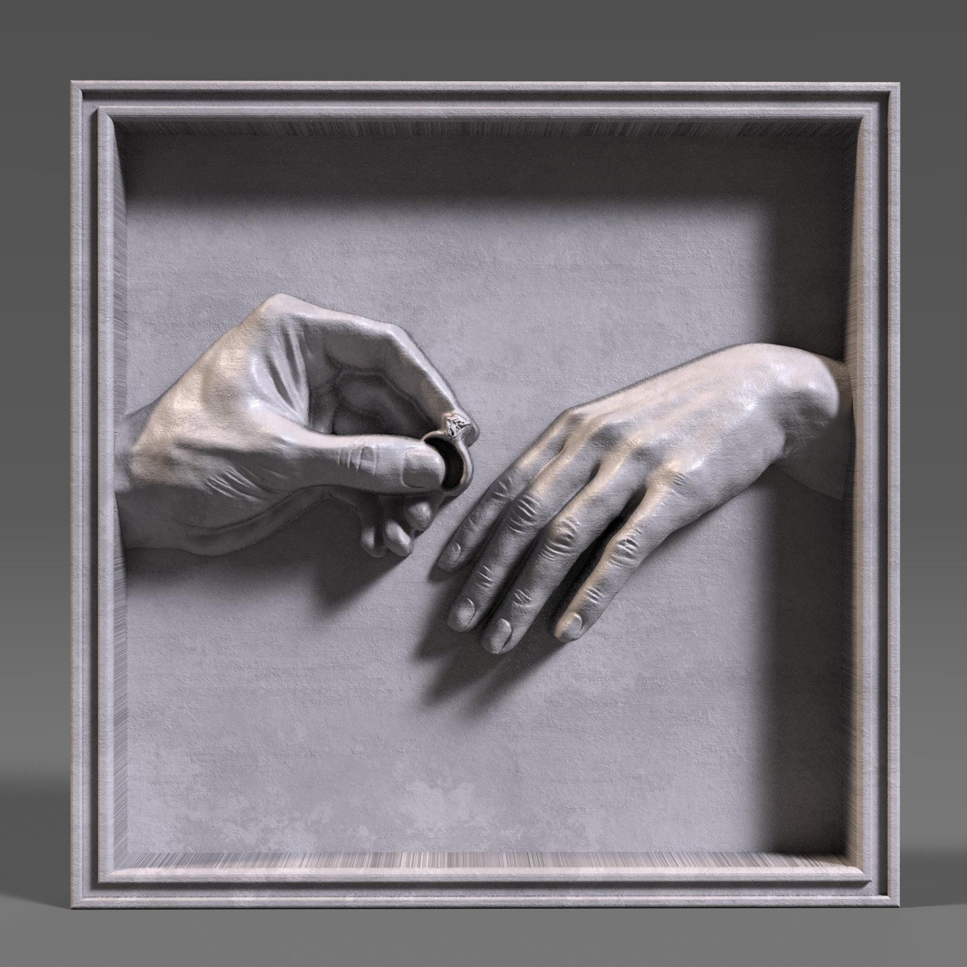 High-detail 3D STL bas-relief of two hands during a romantic marriage proposal, one gently placing an engagement ring on the other. The sculpted hands symbolize love, commitment, and unity, making it perfect for Valentine’s Day gifts, couple decor, wedding keepsakes, and anniversary wall art. Designed for CNC wood carving, resin casting, and 3D printing. Digital STL download.