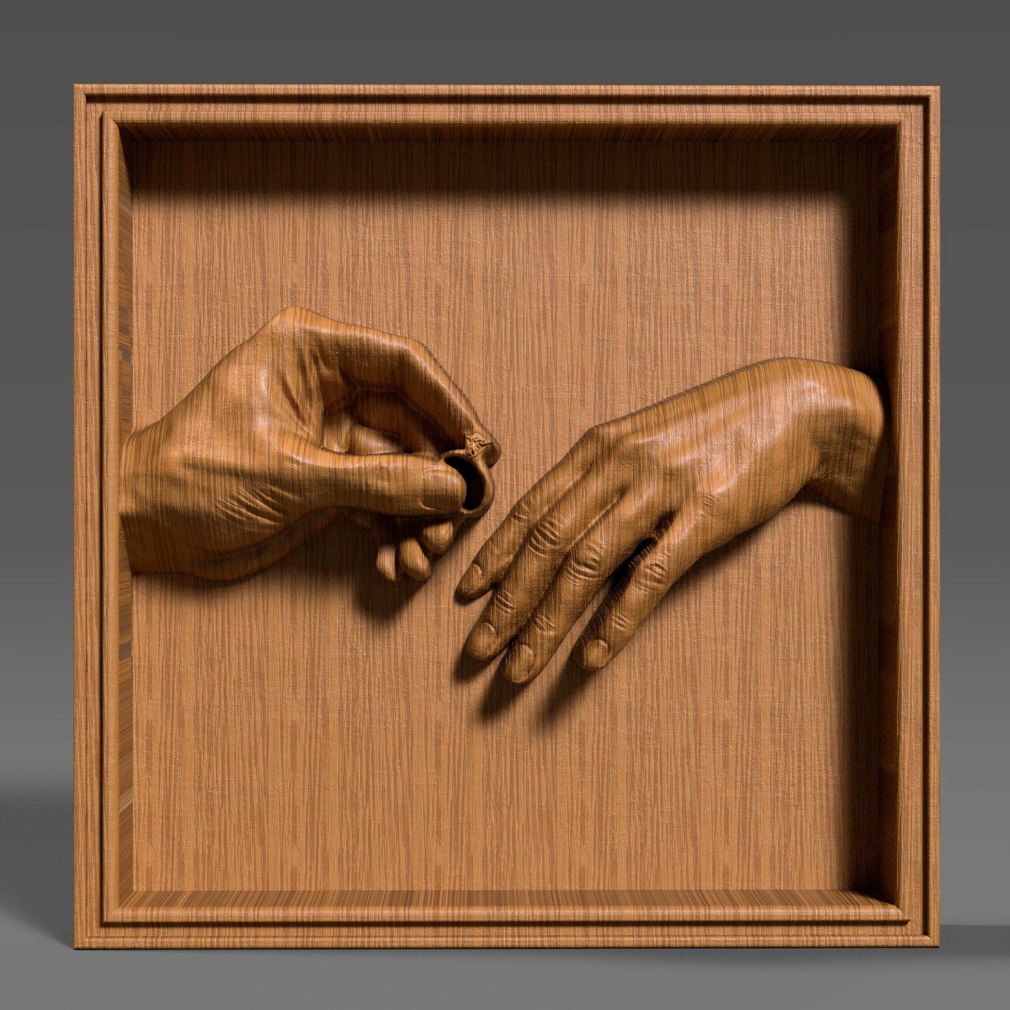 High-detail 3D STL bas-relief of two hands during a romantic marriage proposal, one gently placing an engagement ring on the other. The sculpted hands symbolize love, commitment, and unity, making it perfect for Valentine’s Day gifts, couple decor, wedding keepsakes, and anniversary wall art. Designed for CNC wood carving, resin casting, and 3D printing. Digital STL download.