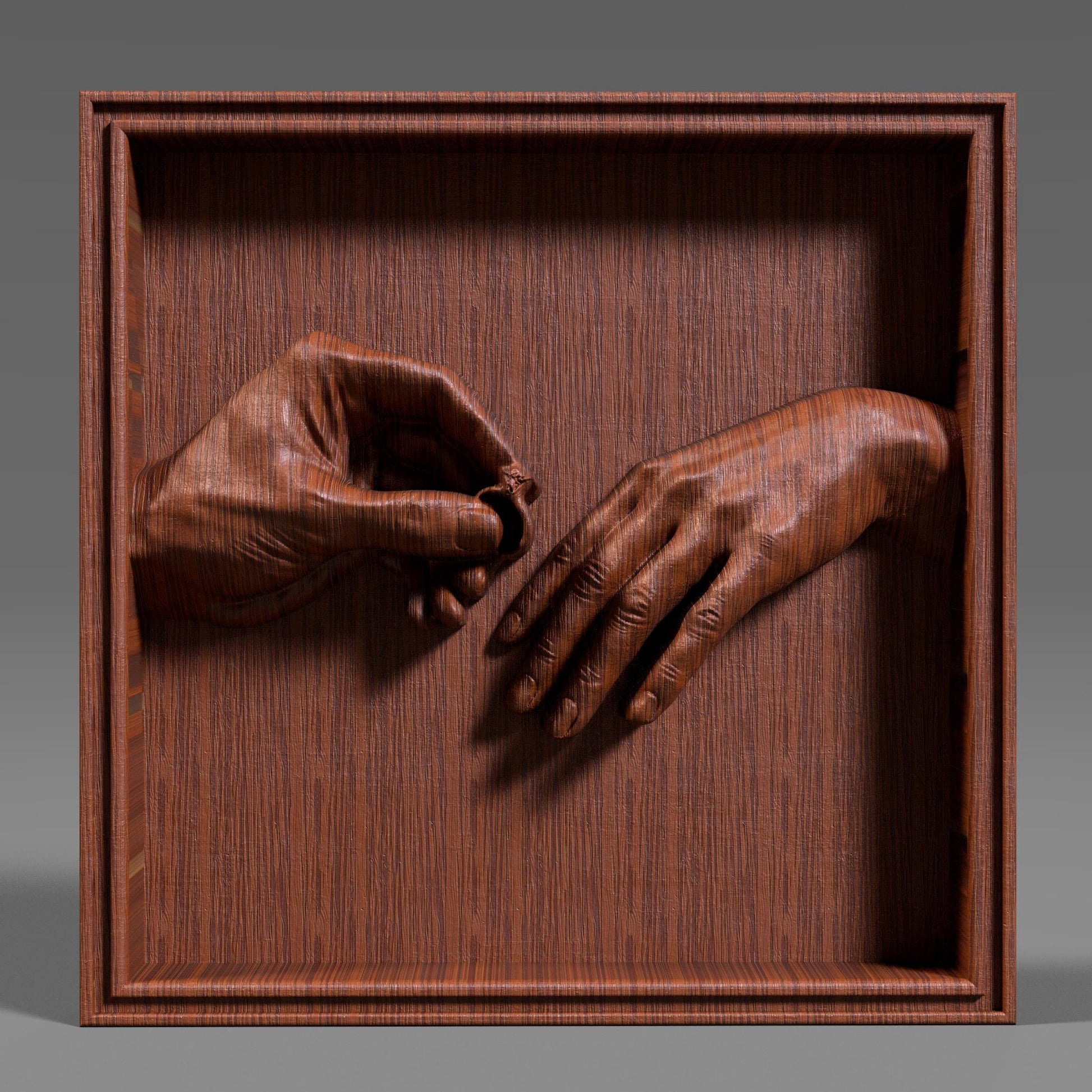 High-detail 3D STL bas-relief of two hands during a romantic marriage proposal, one gently placing an engagement ring on the other. The sculpted hands symbolize love, commitment, and unity, making it perfect for Valentine’s Day gifts, couple decor, wedding keepsakes, and anniversary wall art. Designed for CNC wood carving, resin casting, and 3D printing. Digital STL download.