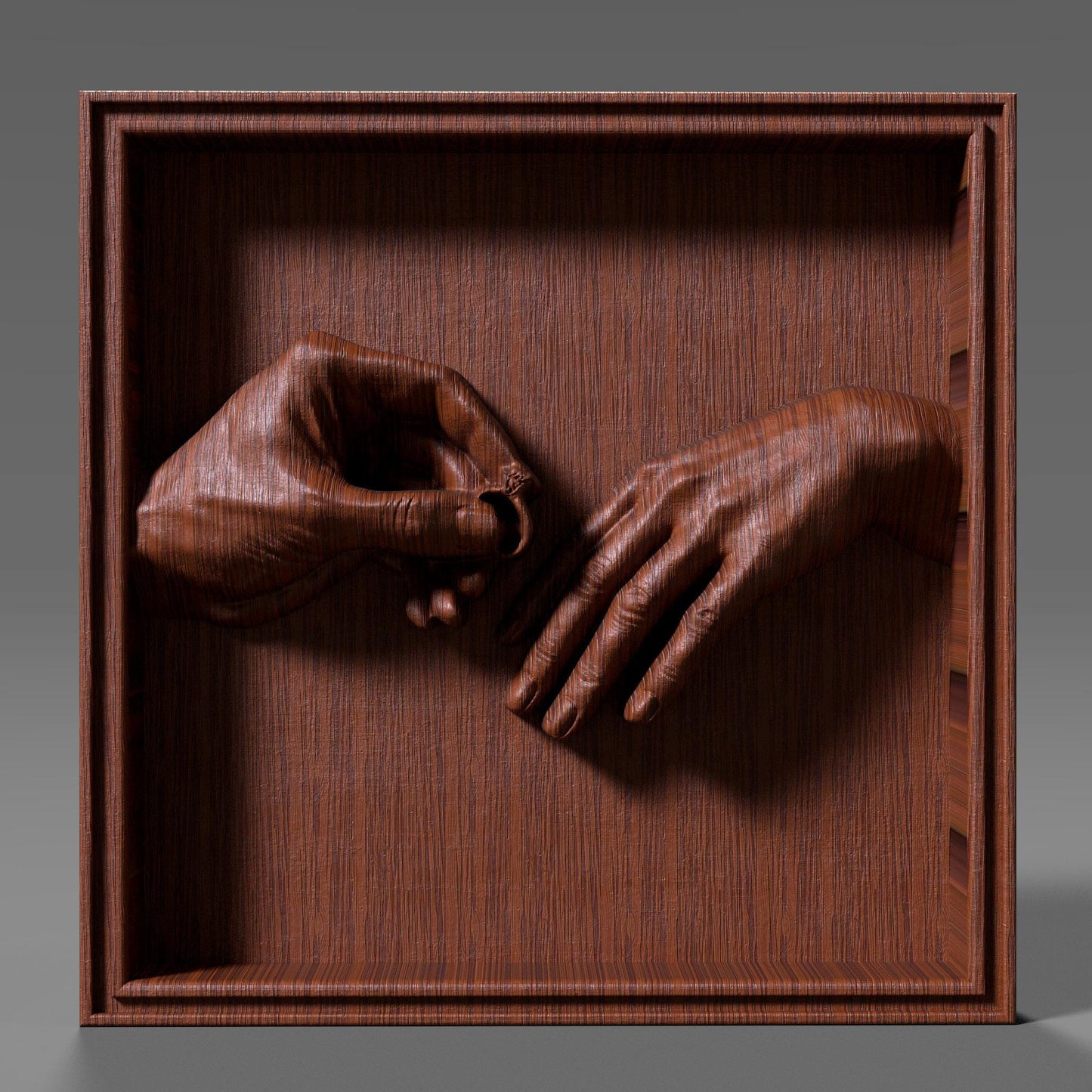 High-detail 3D STL bas-relief of two hands during a romantic marriage proposal, one gently placing an engagement ring on the other. The sculpted hands symbolize love, commitment, and unity, making it perfect for Valentine’s Day gifts, couple decor, wedding keepsakes, and anniversary wall art. Designed for CNC wood carving, resin casting, and 3D printing. Digital STL download.