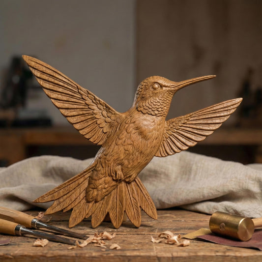 Detailed hummingbird bas relief STL design featuring a lifelike bird in mid-flight with fully extended wings, layered feathers, and a long pointed beak. The carving showcases intricate feather textures and natural flow, ideal for CNC wood carving, 3D printing, or wall-mounted nature art. Designed for decorative panels, wildlife décor, and elegant handcrafted interiors.
