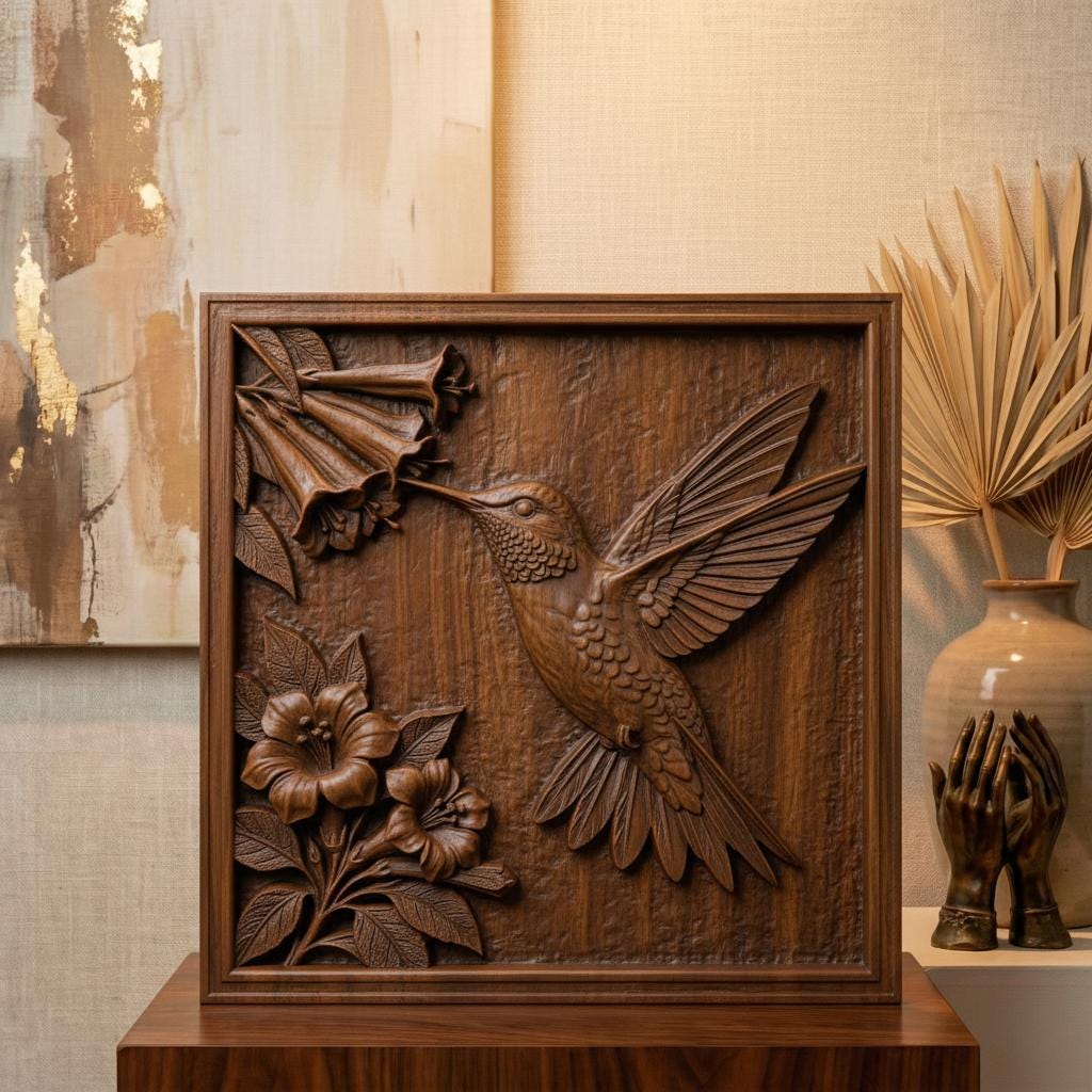 Intricate hummingbird and flower bas relief STL featuring a hummingbird in flight reaching toward trumpet-shaped blossoms, framed within a decorative rectangular border. The design includes layered feathers, detailed floral petals, and carved leaves, ideal for CNC wood carving, 3D printing, or framed wall art panels. Perfect for botanical décor, nature-inspired interiors, and elegant handcrafted relief projects.
