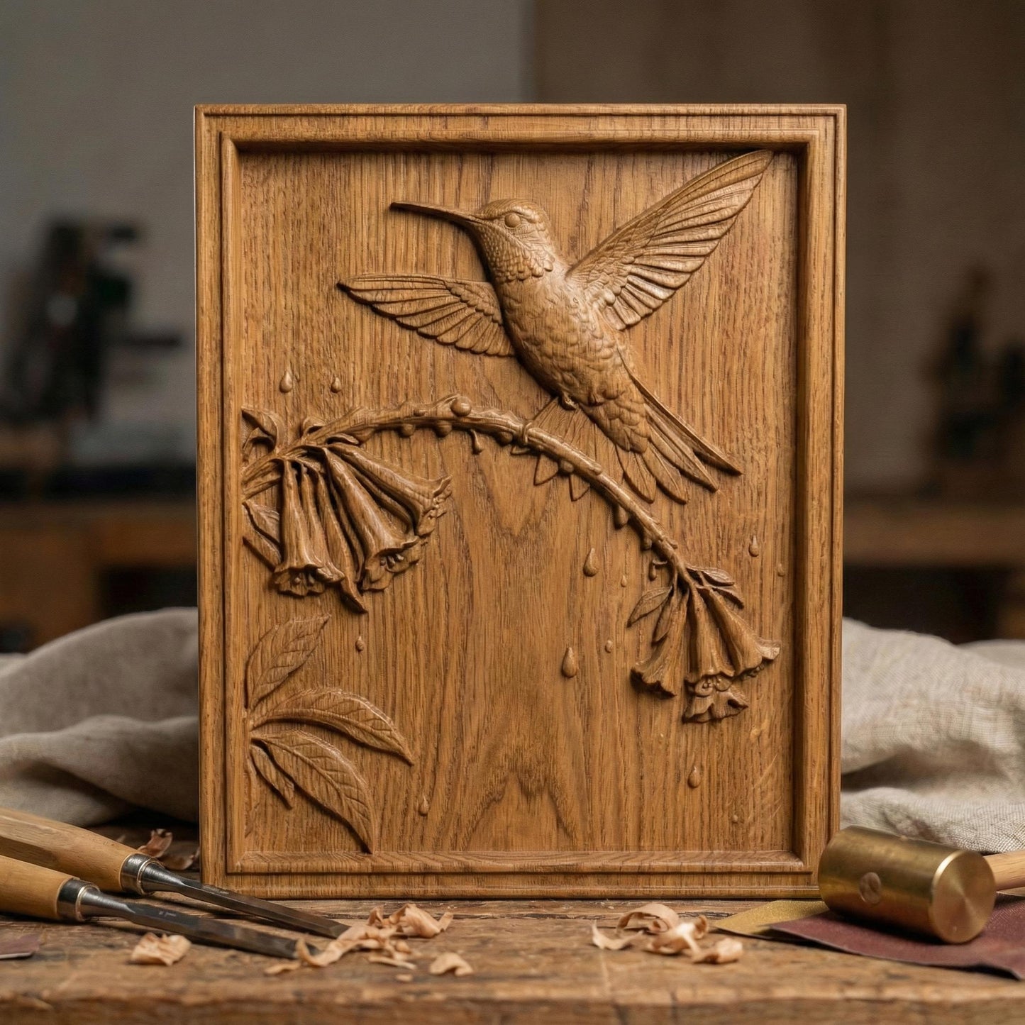 Elegant hummingbird bas relief STL depicting a hummingbird in flight feeding from cascading bell-shaped flowers, carved within a refined rectangular frame. The design features flowing leaves, delicate floral textures, and detailed feathers set against a smooth wood-grain background. Ideal for CNC wood carving, 3D printing, or framed wall art panels inspired by botanical and wildlife themes.
