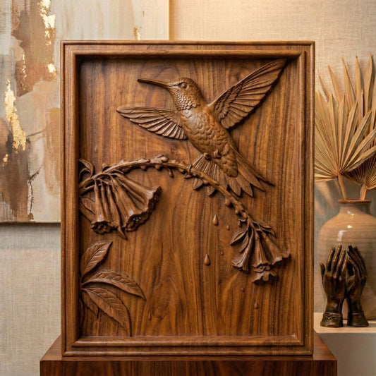Elegant hummingbird bas relief STL depicting a hummingbird in flight feeding from cascading bell-shaped flowers, carved within a refined rectangular frame. The design features flowing leaves, delicate floral textures, and detailed feathers set against a smooth wood-grain background. Ideal for CNC wood carving, 3D printing, or framed wall art panels inspired by botanical and wildlife themes.