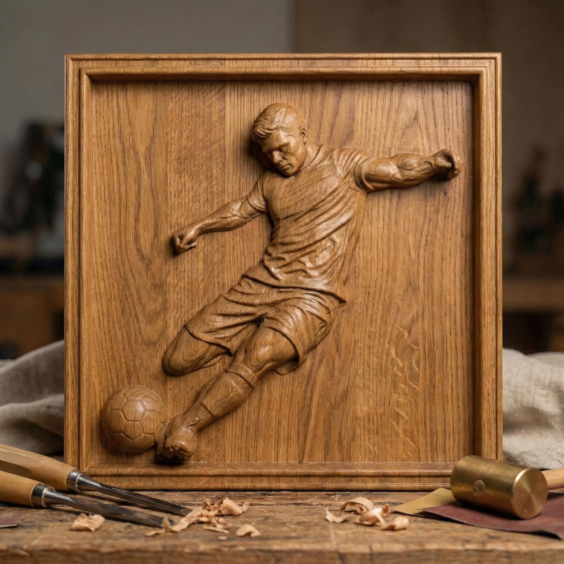 Detailed bas-relief sculpture of a soccer player captured mid-kick, shown as a realistic carved wooden relief with dynamic motion, muscular anatomy, flowing clothing folds, and a soccer ball at the foot. The design features deep relief depth, clean contours, and smooth transitions ideal for CNC carving, 3D printing, or router engraving as decorative sports wall art.