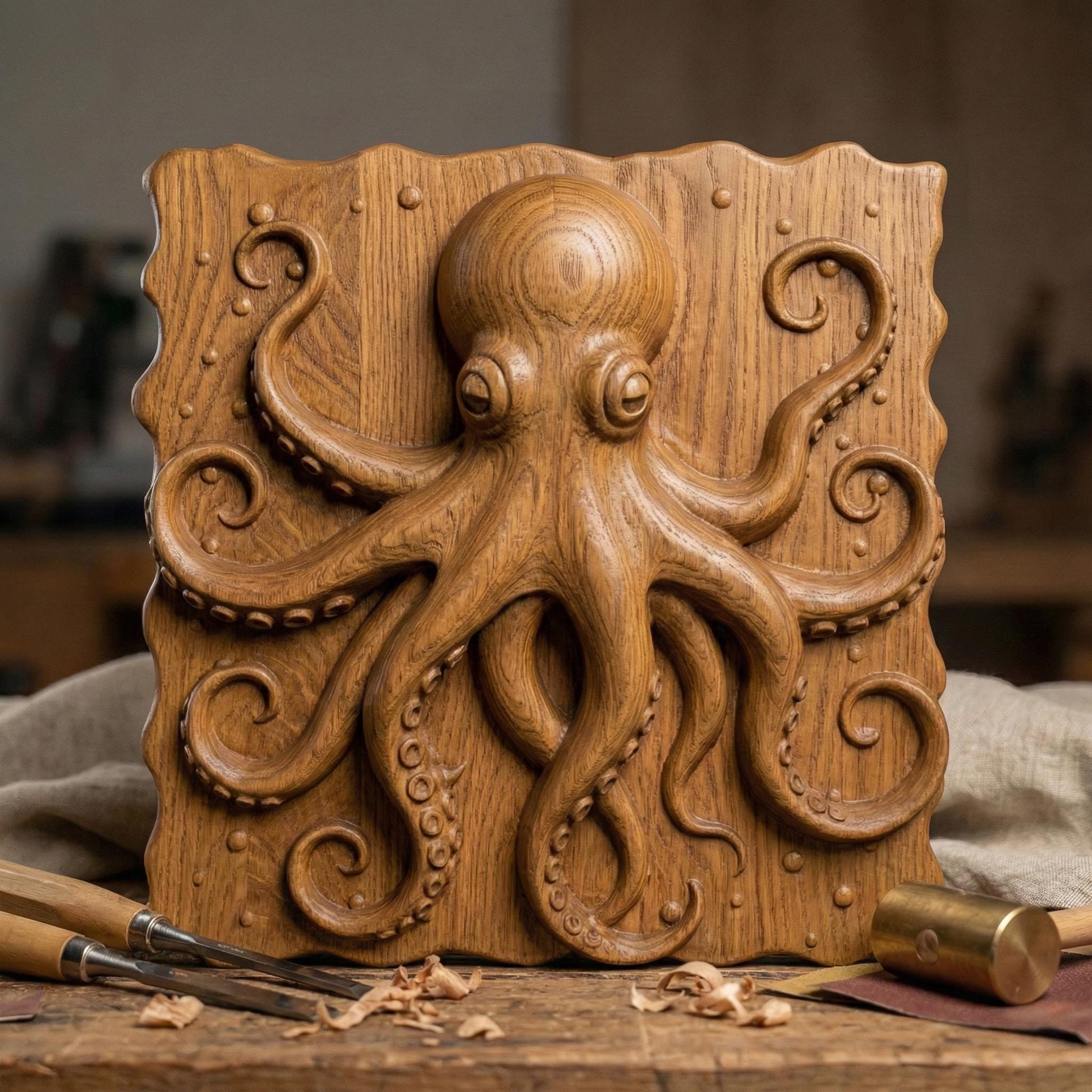High-detail 3D STL model of an octopus in bas relief, featuring curled tentacles and a textured underwater design. Ideal for 3D printing, CNC wood carving, or laser engraving. Perfect for marine-themed wall art, nautical gifts, or ocean-inspired decor. This digital file is suitable for use with wood, acrylic, resin, and other engravable materials. Download and craft ocean life into your next project.