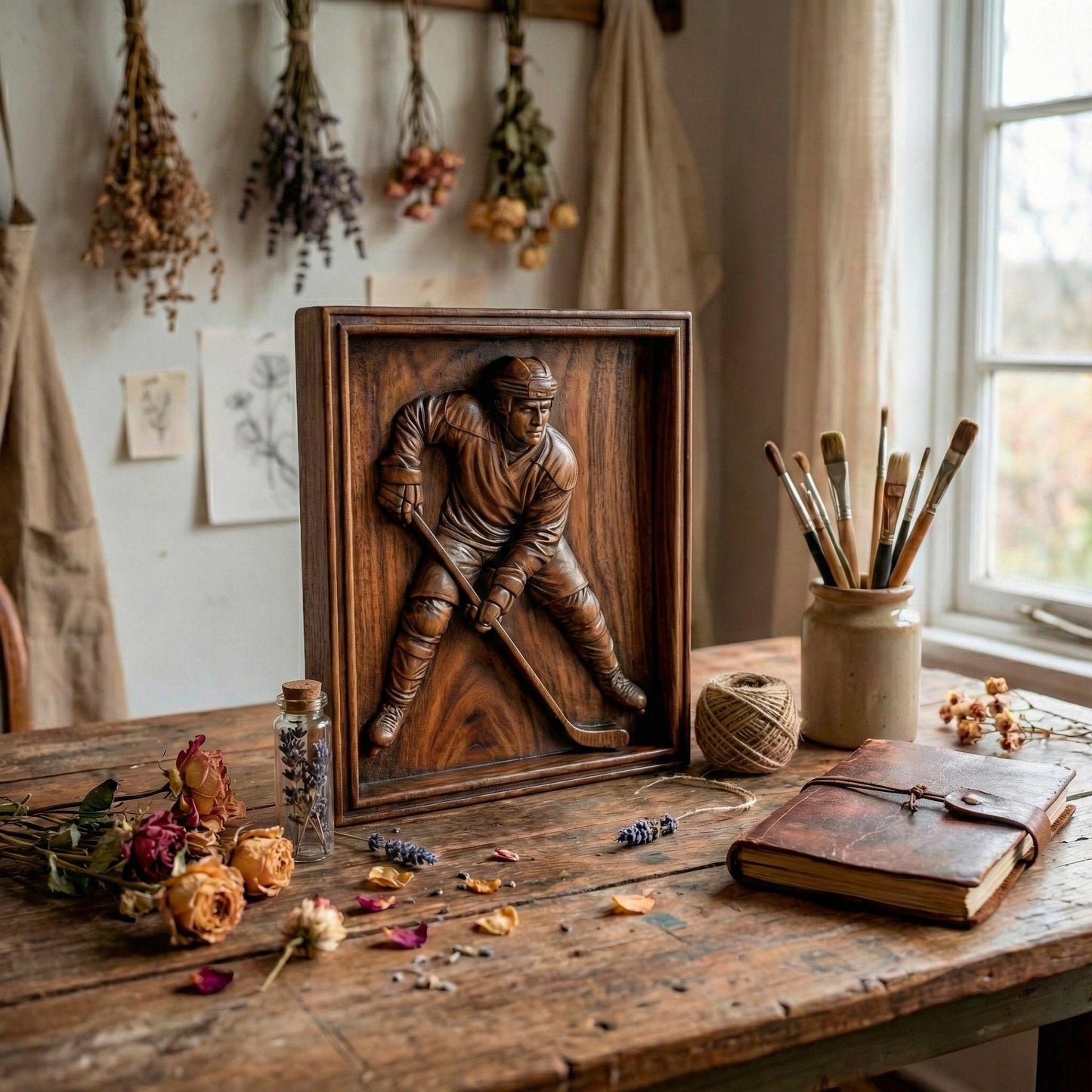 Detailed bas-relief carving of an ice hockey player in a low, wide stick-handling stance, controlling the puck with both hands on the stick. The sculpture captures focused expression, protective helmet, padded uniform, bent knees, and forward-leaning posture, emphasizing balance, control, and readiness. Designed as deep-relief sports wall art ideal for CNC carving, router engraving, and 3D printing.