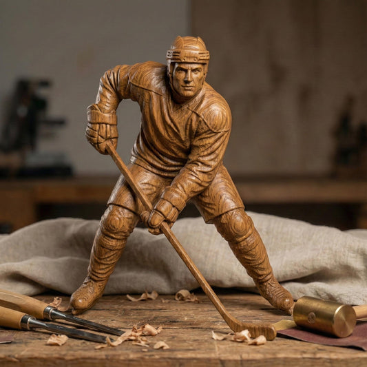 Detailed bas-relief carving of an ice hockey player in a low, wide stick-handling stance, controlling the puck with both hands on the stick. The sculpture captures focused expression, protective helmet, padded uniform, bent knees, and forward-leaning posture, emphasizing balance, control, and readiness. Designed as deep-relief sports wall art ideal for CNC carving, router engraving, and 3D printing.