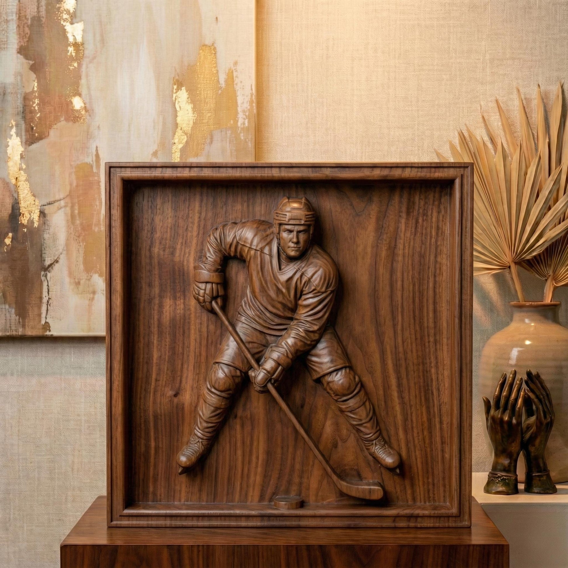 Detailed bas-relief carving of an ice hockey player in a low, wide stick-handling stance, controlling the puck with both hands on the stick. The sculpture captures focused expression, protective helmet, padded uniform, bent knees, and forward-leaning posture, emphasizing balance, control, and readiness. Designed as deep-relief sports wall art ideal for CNC carving, router engraving, and 3D printing.