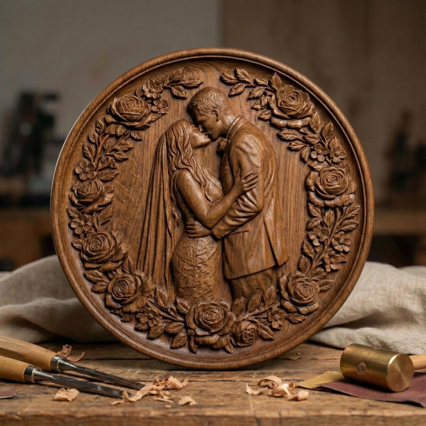 Highly detailed 3D STL bas-relief of a romantic couple embracing and kissing, framed by an elegant circular wreath of roses and leaves. The sculpture symbolizes love, marriage, and eternal connection, sculpted with deep layered relief for beautiful CNC wood carving and high-quality 3D printing. Perfect for Valentine’s Day decor, wedding gifts, anniversary keepsakes, and couple wall art. Digital STL download.